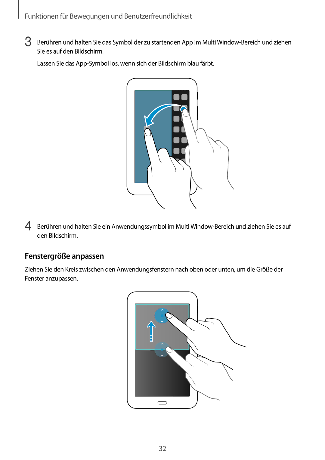 Samsung SM-T113NDWAXEF, SM-T113NDWATUR manual Fenstergröße anpassen, Funktionen für Bewegungen und Benutzerfreundlichkeit 