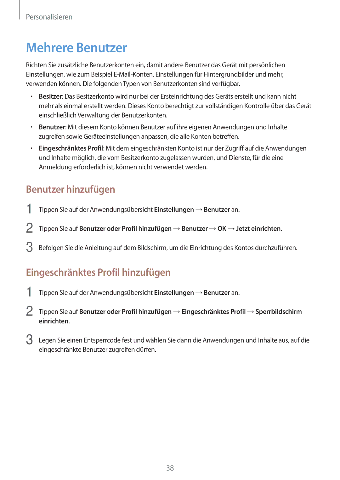 Samsung SM-T113NYKAATO, SM-T113NDWATUR manual Mehrere Benutzer, Benutzer hinzufügen, Eingeschränktes Profil hinzufügen 