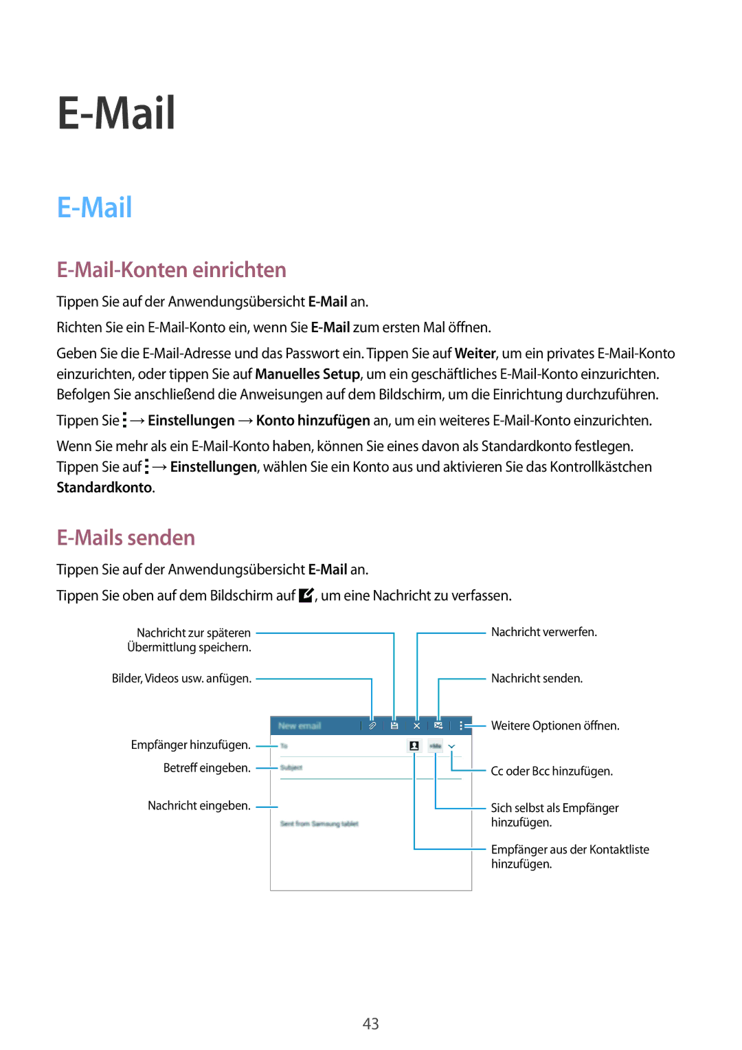 Samsung SM-T113NDWAXEF, SM-T113NDWATUR, SM-T113NYKAXEO, SM-T113NDWADBT manual Mail-Konten einrichten, Mails senden 