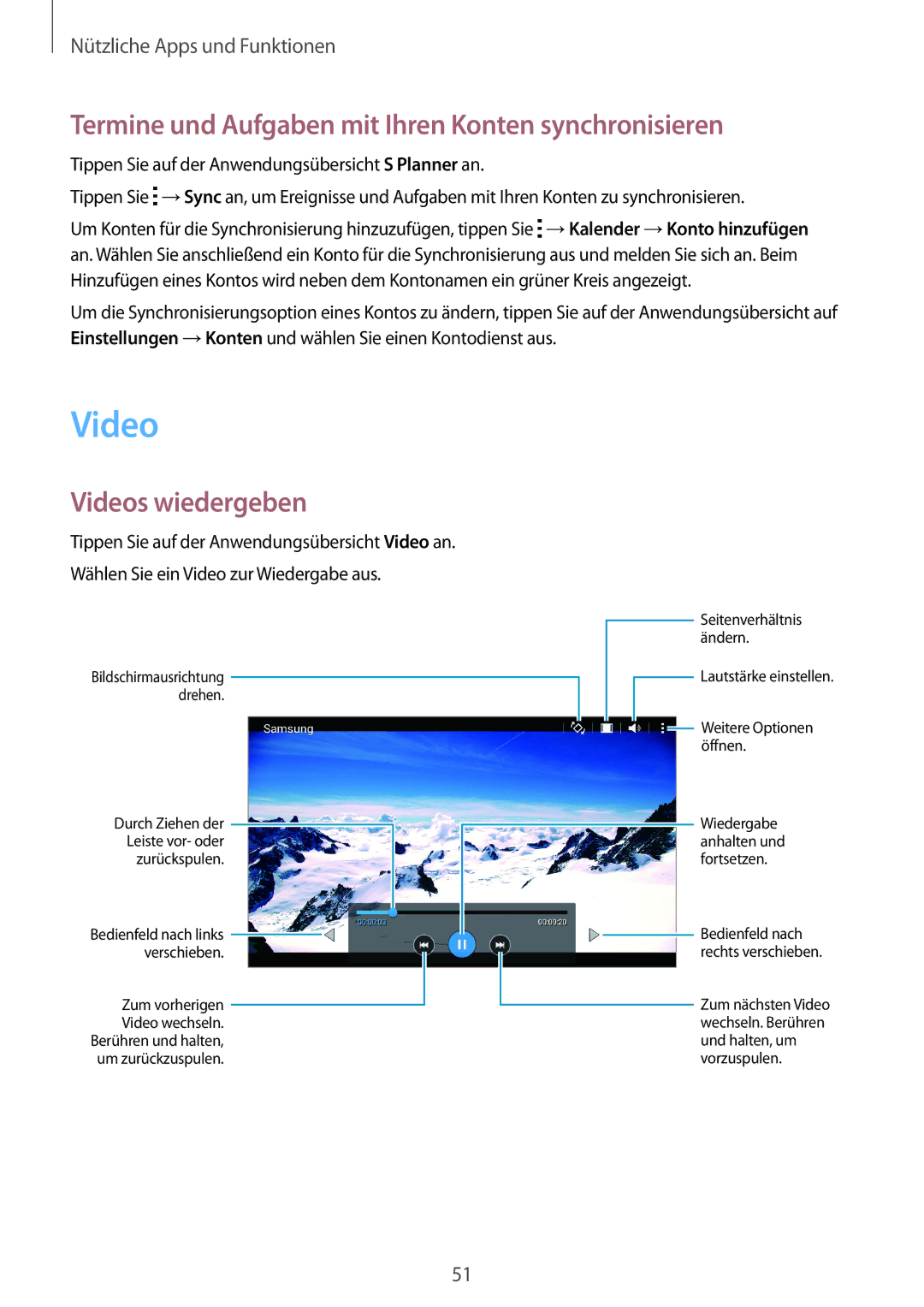 Samsung SM-T113NDWAATO, SM-T113NDWATUR manual Termine und Aufgaben mit Ihren Konten synchronisieren, Videos wiedergeben 