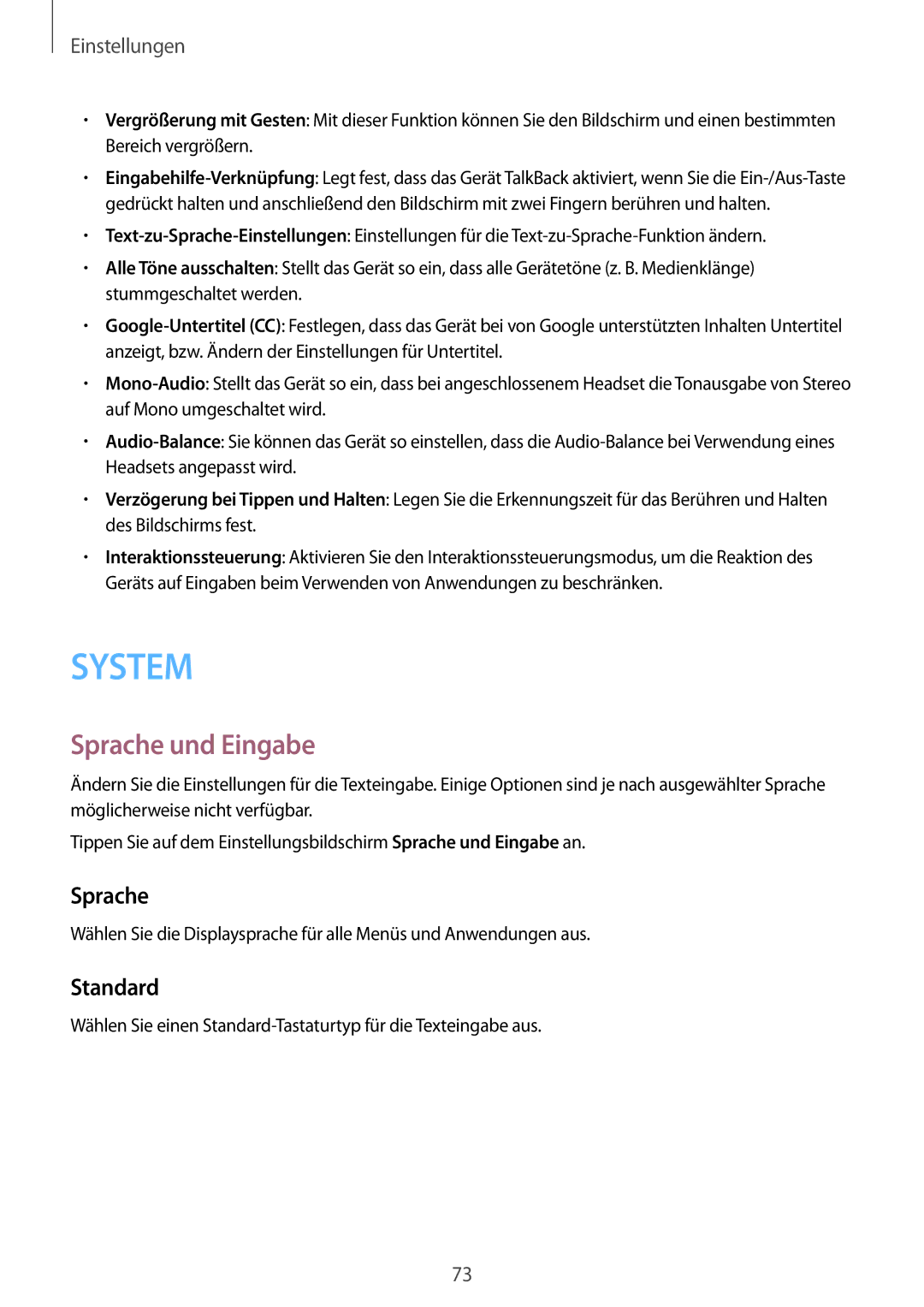 Samsung SM-T113NDWAATO, SM-T113NDWATUR, SM-T113NYKAXEO, SM-T113NDWADBT, SM-T113NYKATUR manual Sprache und Eingabe, Standard 