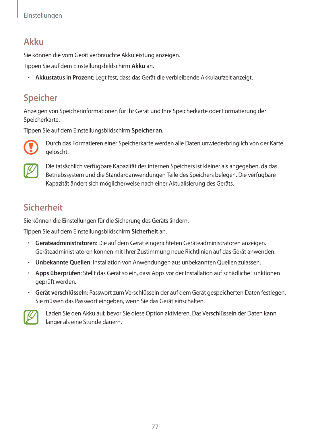 Samsung SM-T113NDWATUR, SM-T113NYKAXEO, SM-T113NDWADBT, SM-T113NYKATUR, SM-T113NYKADBT manual Akku, Speicher, Sicherheit 