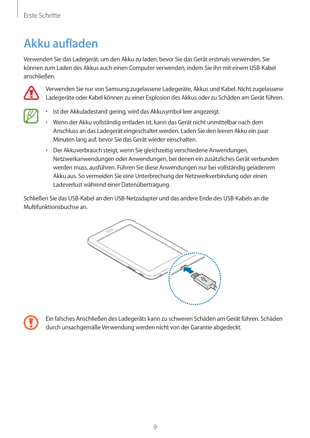 Samsung SM-T113NYKAXEF, SM-T113NDWATUR, SM-T113NYKAXEO, SM-T113NDWADBT, SM-T113NYKATUR, SM-T113NYKADBT manual Akku aufladen 