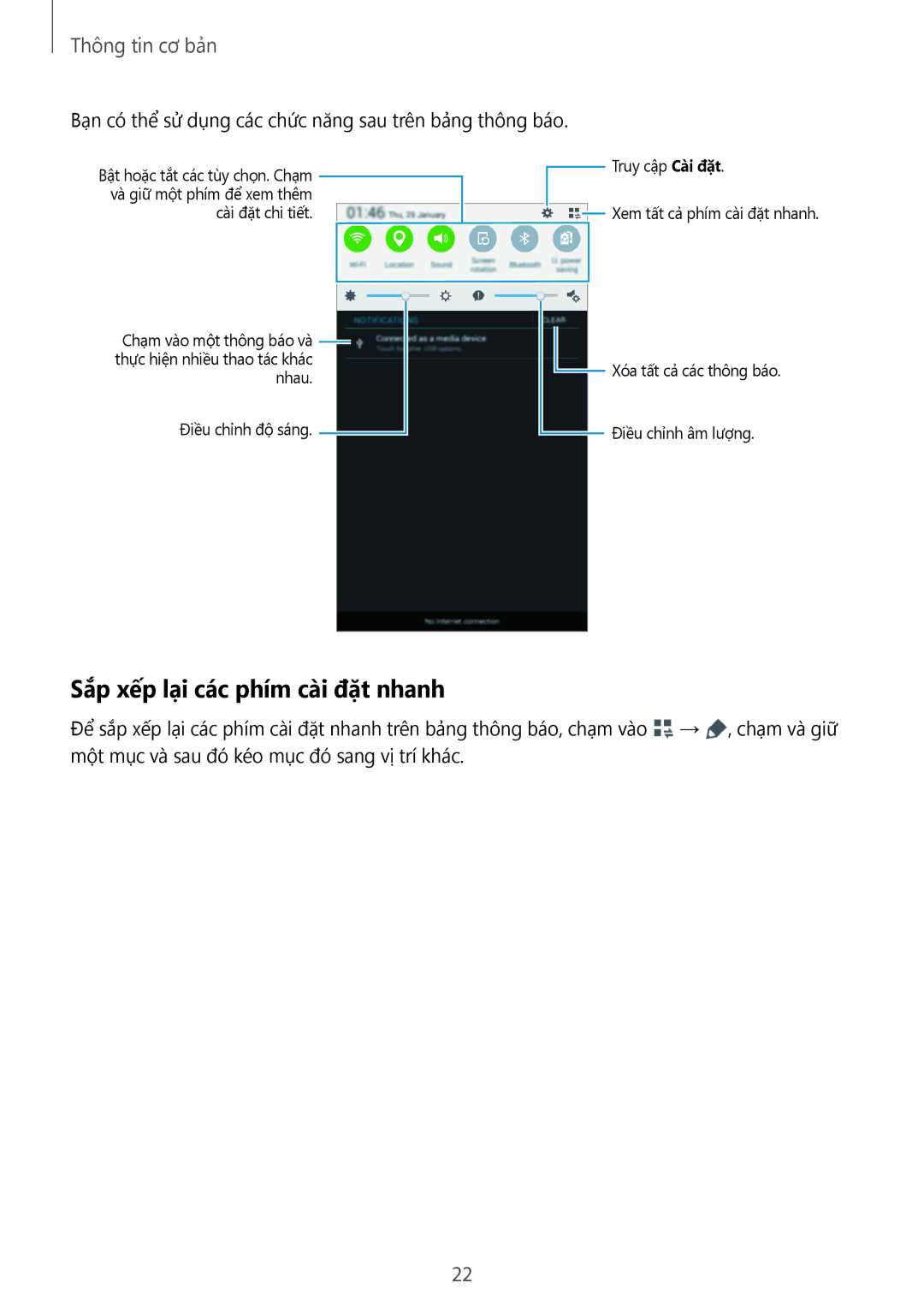 Samsung SM-T113NDWUXXV manual Sắp xếp lại các phím cài đặt nhanh, Bạn có thể sử dụng các chức năng sau trên bảng thông báo 