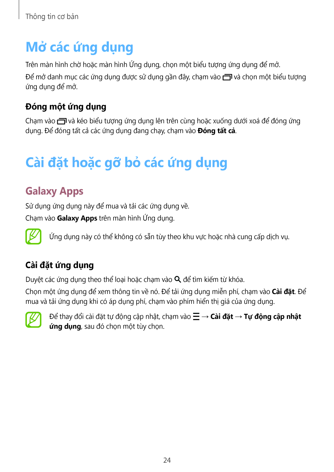 Samsung SM-T113NDWUXXV Mở các ứng dụng, Cài đặt hoặc gỡ bỏ các ứng dụng, Galaxy Apps, Đóng một ứng dụng, Cài đặt ứng dụng 