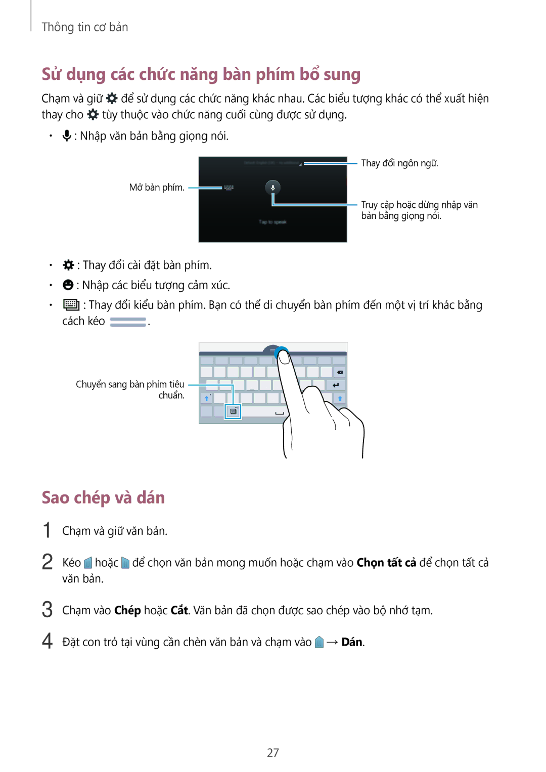 Samsung SM-T113NYKUXXV, SM-T113NDWUXXV manual Sử dụng các chức năng bàn phím bổ sung, Sao chép và dán 