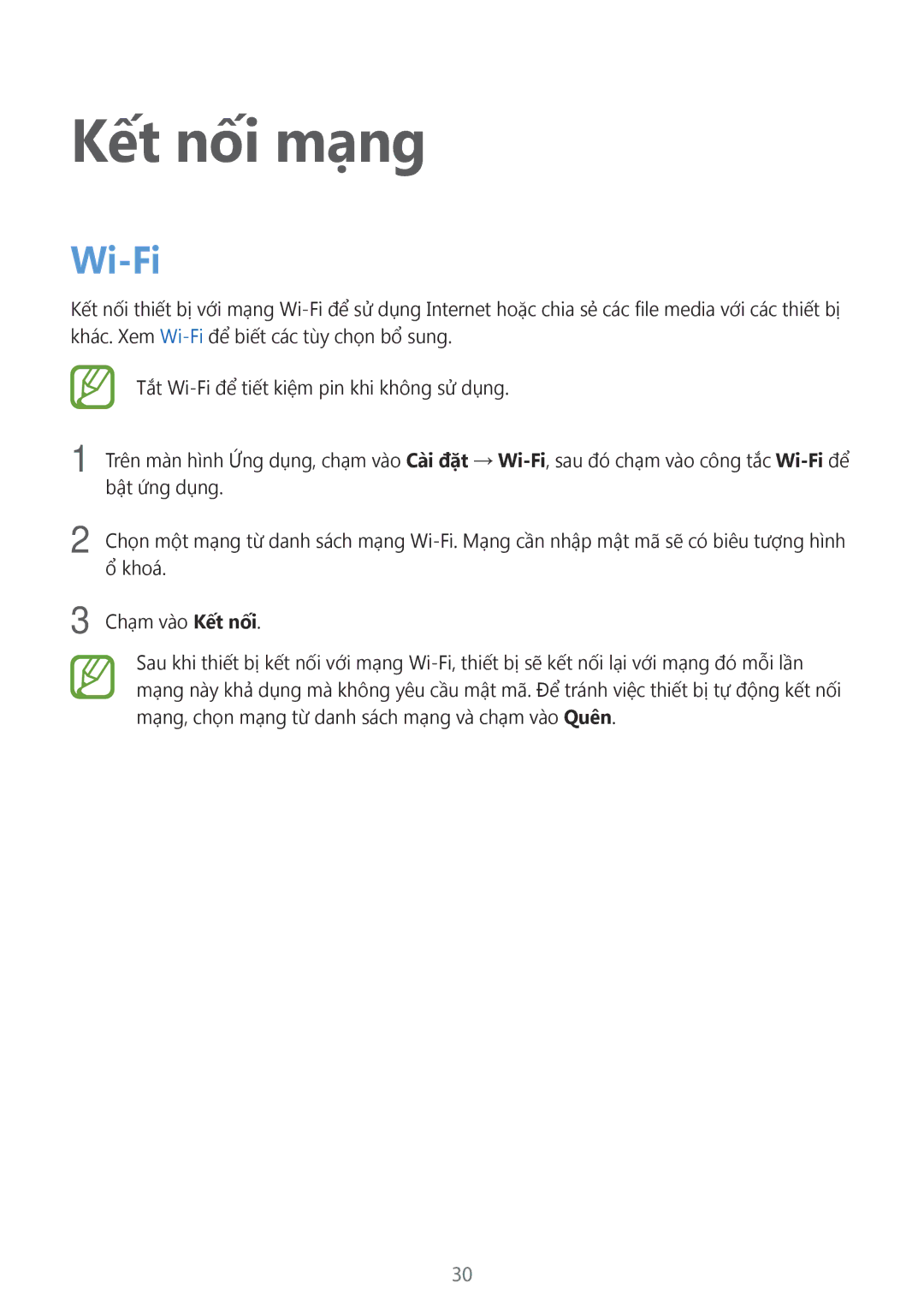 Samsung SM-T113NDWUXXV, SM-T113NYKUXXV manual Kết nối mạng, Wi-Fi 