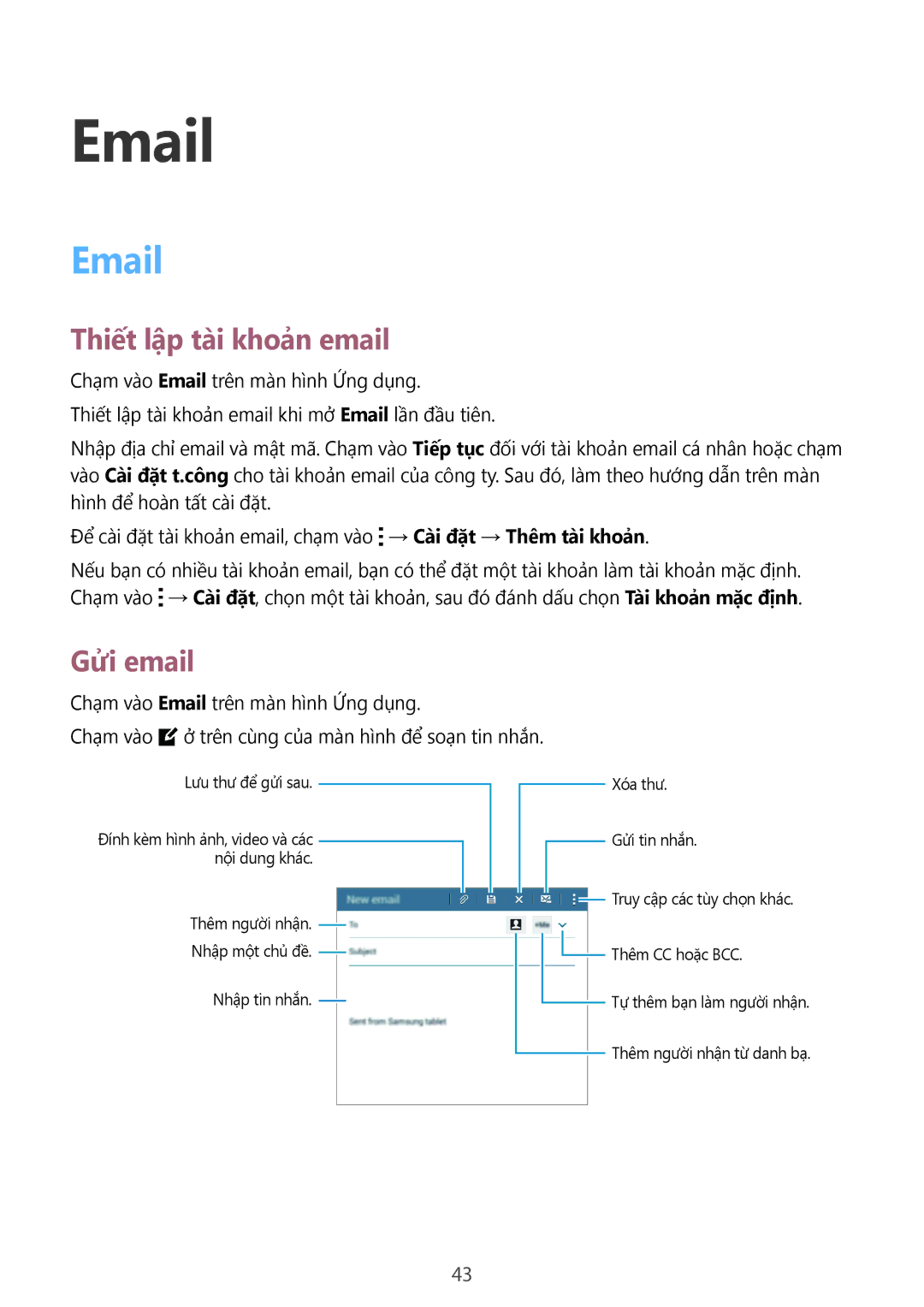 Samsung SM-T113NYKUXXV, SM-T113NDWUXXV manual Thiết lập tài khoản email, Gửi email 