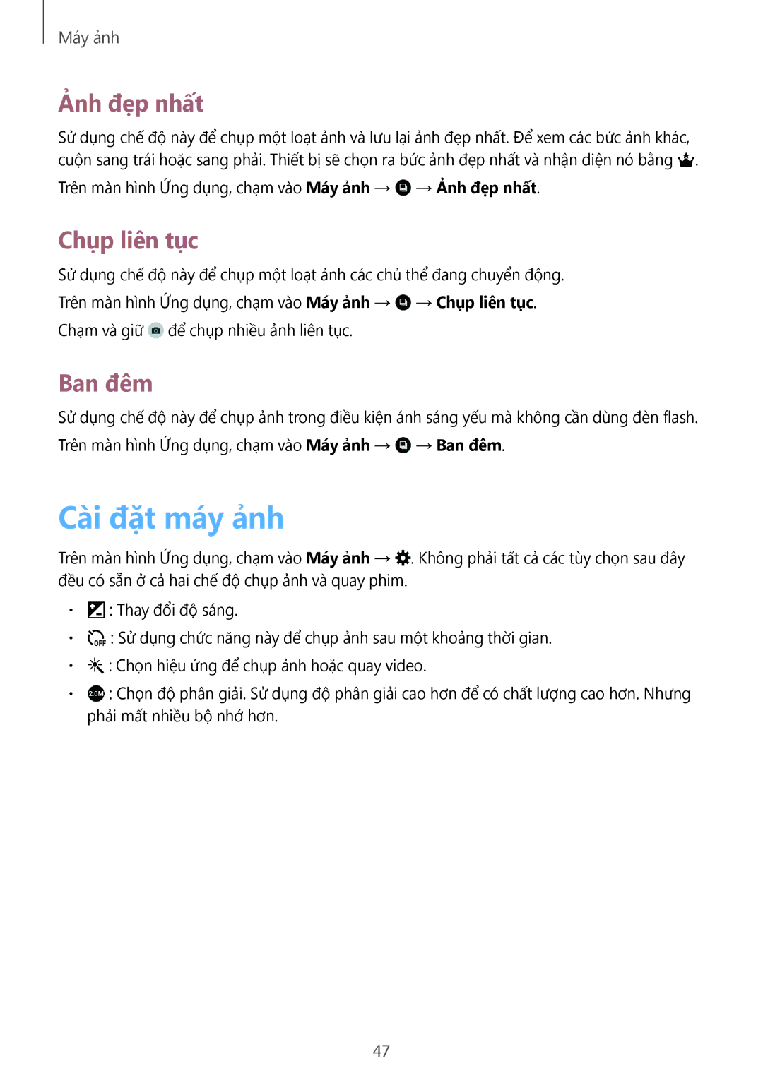 Samsung SM-T113NYKUXXV, SM-T113NDWUXXV manual Cài đặt máy ảnh, Ảnh đep nhât, Chụp liên tục, Ban đêm 