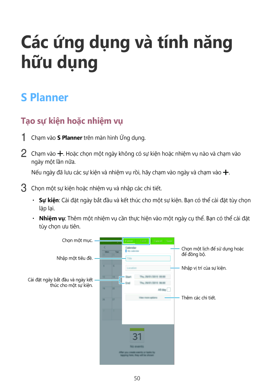 Samsung SM-T113NDWUXXV, SM-T113NYKUXXV manual Các ứng dụng và tính năng hữu dụng, Planner, Tạo sự kiện hoặc nhiệm vụ 