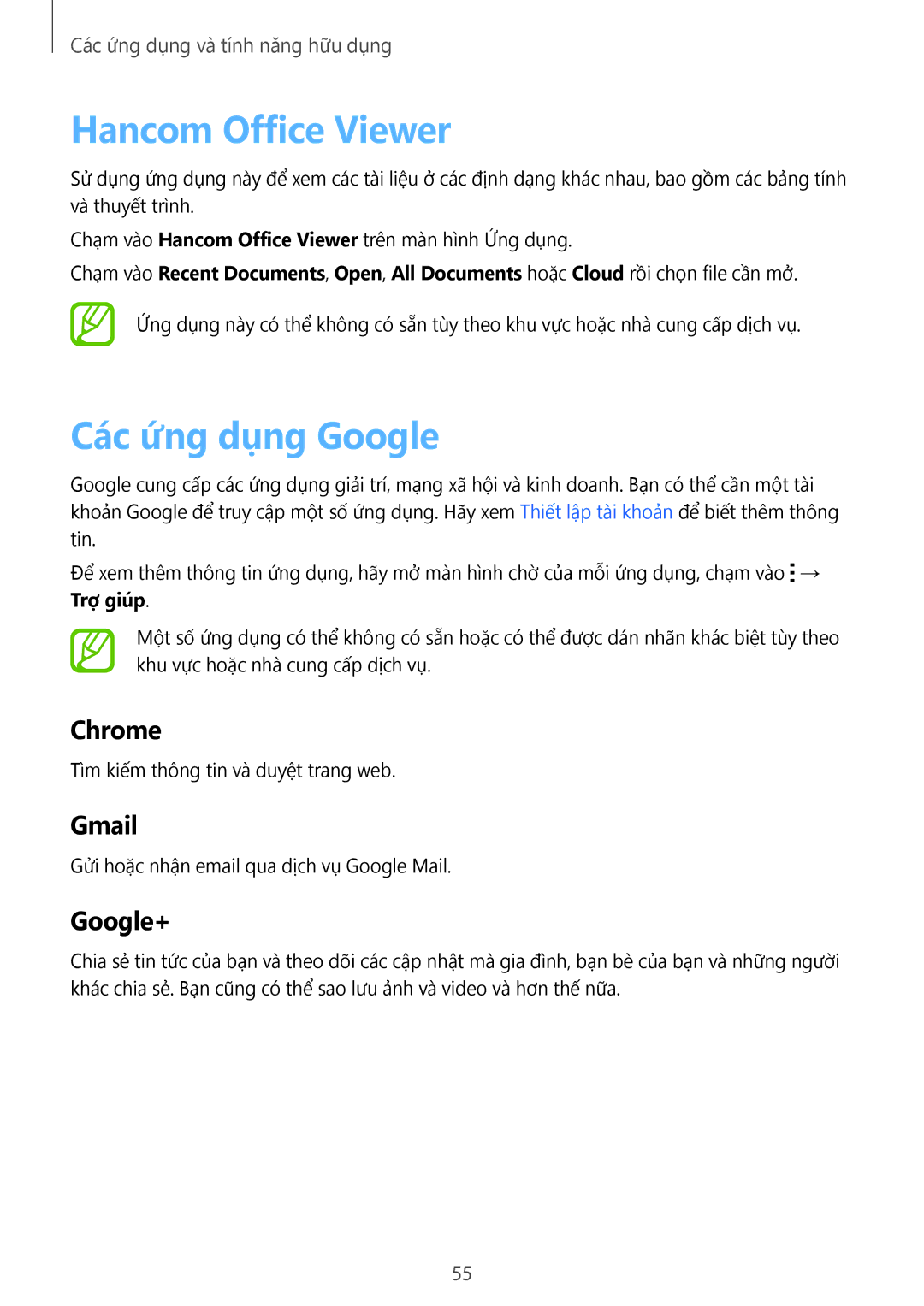 Samsung SM-T113NYKUXXV, SM-T113NDWUXXV manual Hancom Office Viewer, Các ứng dụng Google 