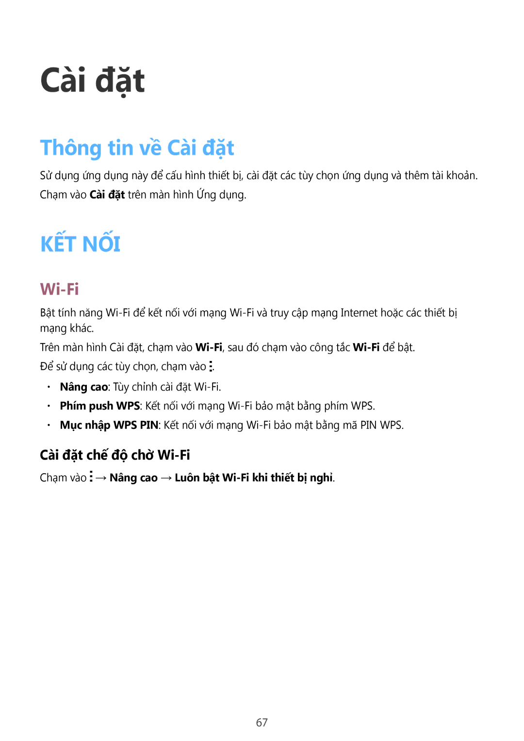 Samsung SM-T113NYKUXXV, SM-T113NDWUXXV manual Thông tin về Cài đặt, Cài đặt chế độ chờ̀ Wi-Fi 