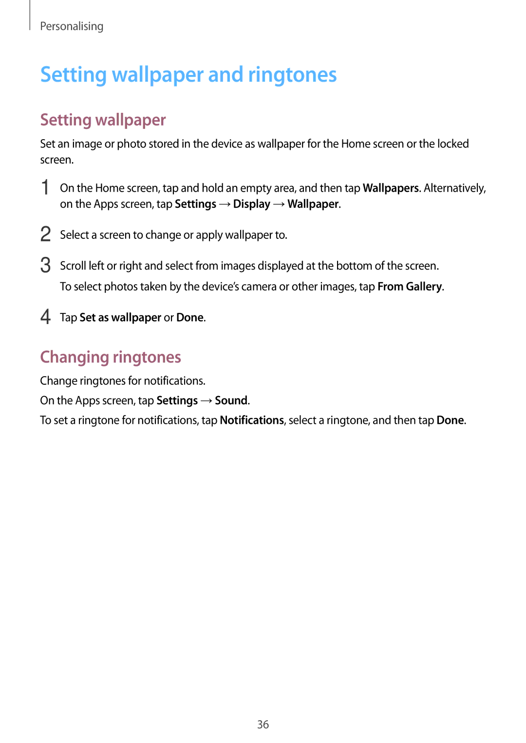 Samsung SM-T113NDWUXXV, SM-T113NYKUXXV Setting wallpaper and ringtones, Changing ringtones, Tap Set as wallpaper or Done 