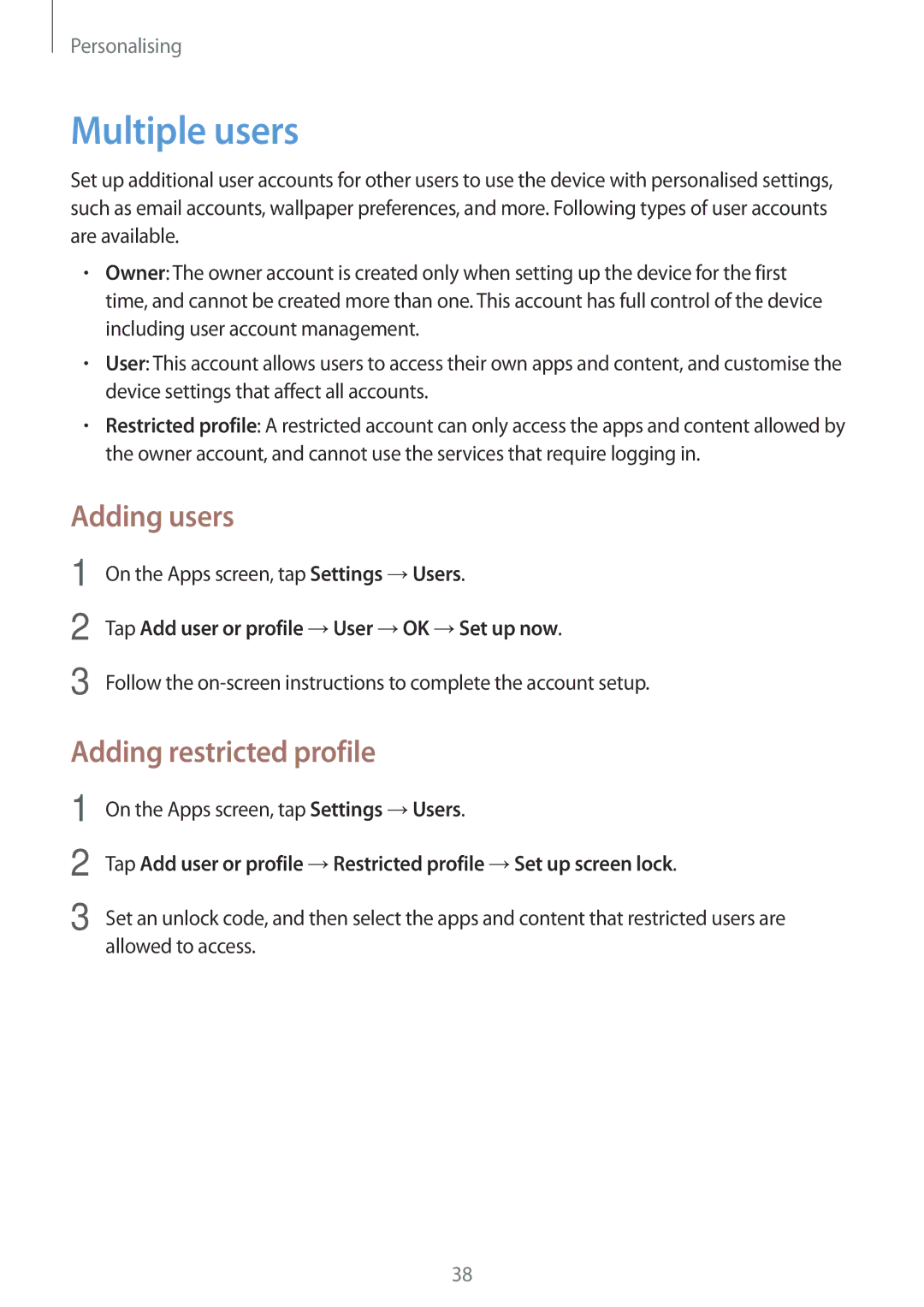 Samsung SM-T113NDWUXXV, SM-T113NYKUXXV manual Multiple users, Adding users, Adding restricted profile 