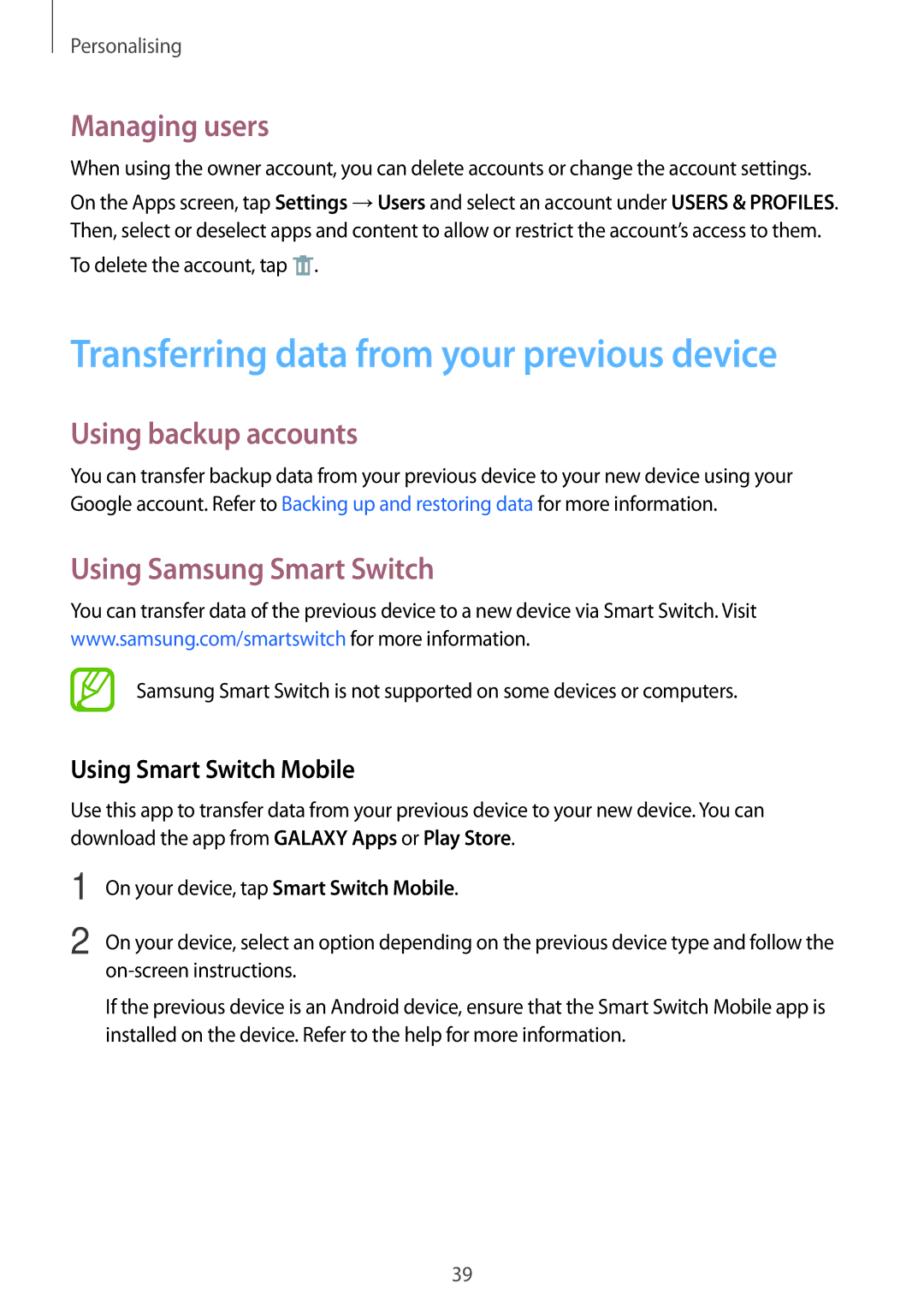 Samsung SM-T113NYKUXXV, SM-T113NDWUXXV Transferring data from your previous device, Managing users, Using backup accounts 