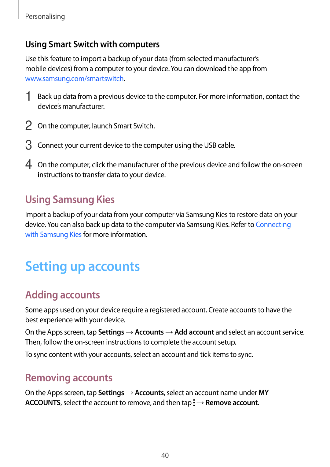 Samsung SM-T113NDWUXXV, SM-T113NYKUXXV manual Setting up accounts, Using Samsung Kies, Adding accounts, Removing accounts 