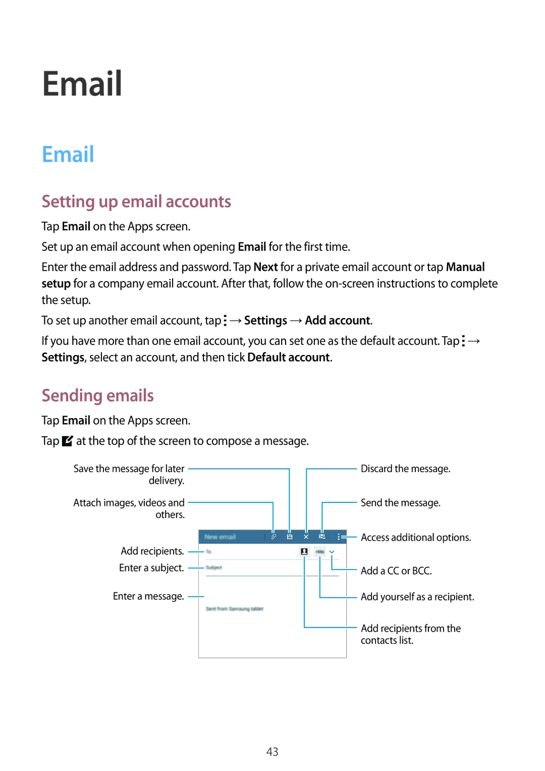 Samsung SM-T113NYKUXXV, SM-T113NDWUXXV manual Setting up email accounts, Sending emails 