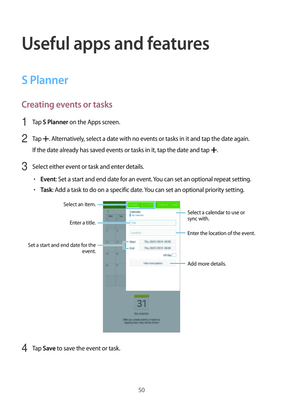 Samsung SM-T113NDWUXXV, SM-T113NYKUXXV manual Useful apps and features, Planner, Creating events or tasks 