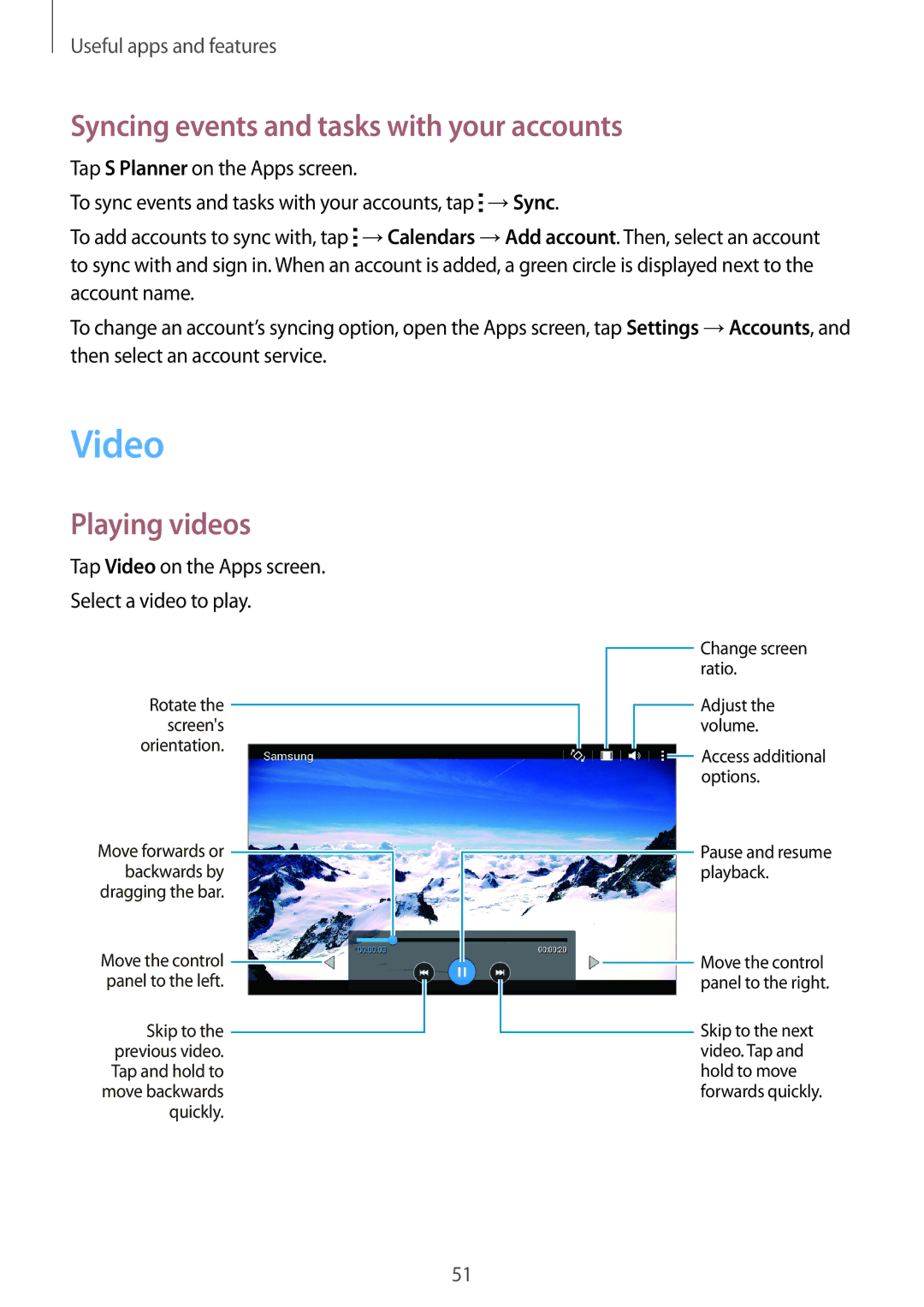 Samsung SM-T113NYKUXXV, SM-T113NDWUXXV manual Video, Syncing events and tasks with your accounts, Playing videos 