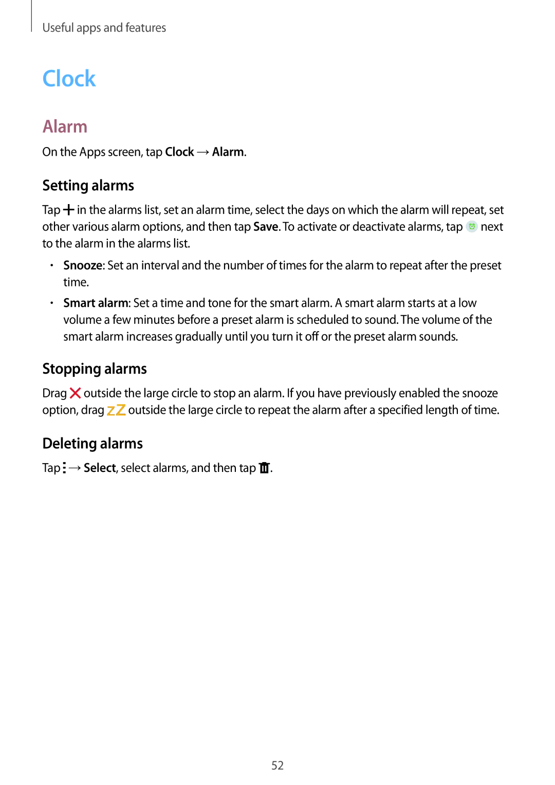 Samsung SM-T113NDWUXXV, SM-T113NYKUXXV manual Clock, Alarm, Setting alarms, Stopping alarms, Deleting alarms 