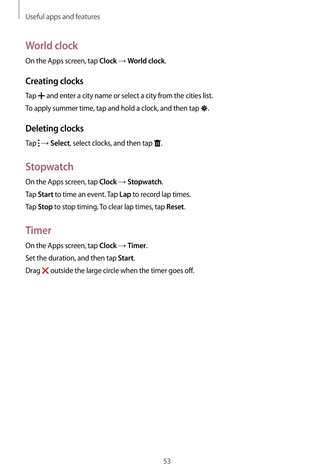 Samsung SM-T113NYKUXXV, SM-T113NDWUXXV manual World clock, Stopwatch, Timer, Creating clocks, Deleting clocks 