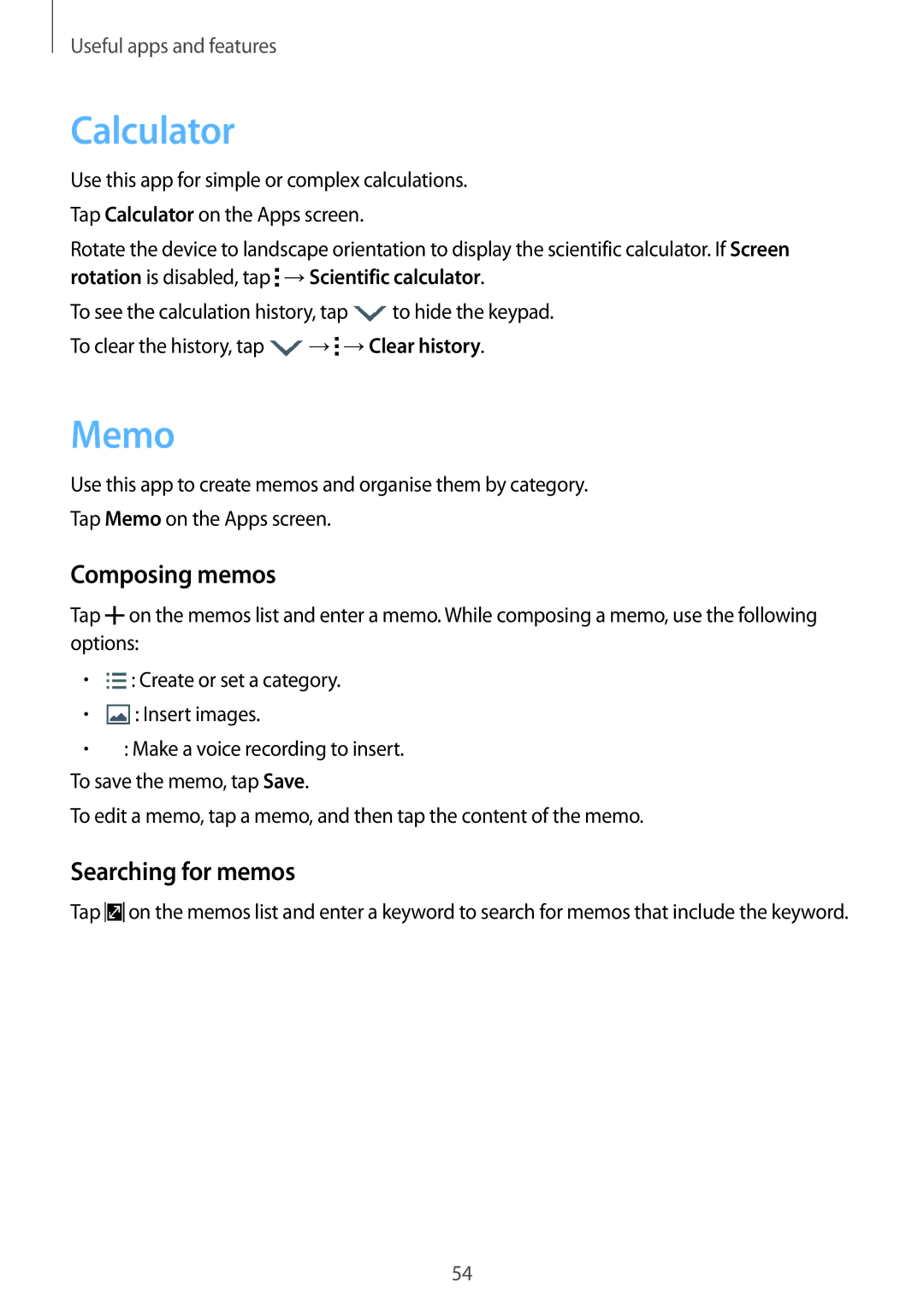 Samsung SM-T113NDWUXXV, SM-T113NYKUXXV manual Calculator, Memo, Composing memos, Searching for memos 