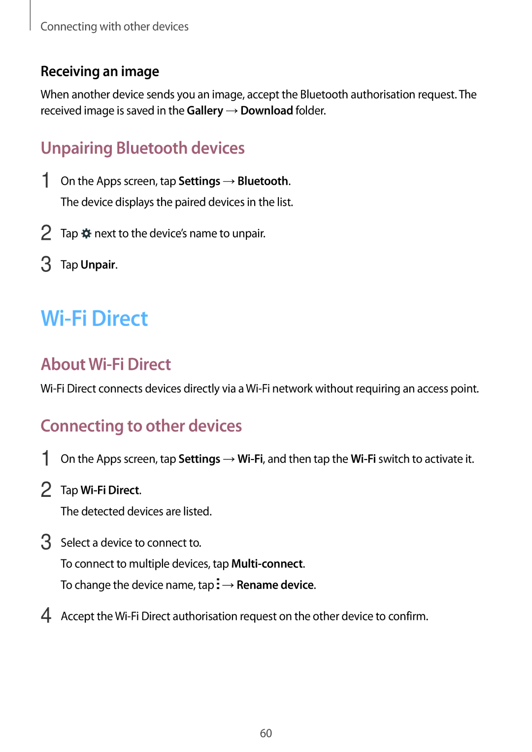 Samsung SM-T113NDWUXXV, SM-T113NYKUXXV Unpairing Bluetooth devices, About Wi-Fi Direct, Connecting to other devices 