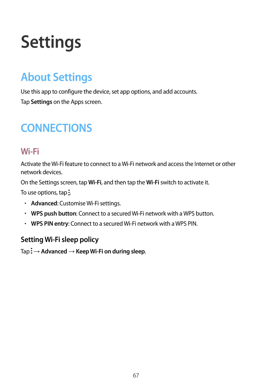 Samsung SM-T113NYKUXXV manual About Settings, Setting Wi-Fi sleep policy, Tap →Advanced →Keep Wi-Fi on during sleep 