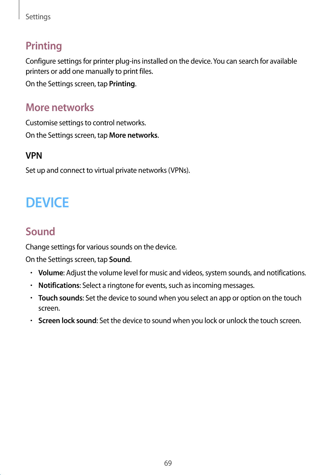 Samsung SM-T113NYKUXXV, SM-T113NDWUXXV manual Printing, More networks, Sound 