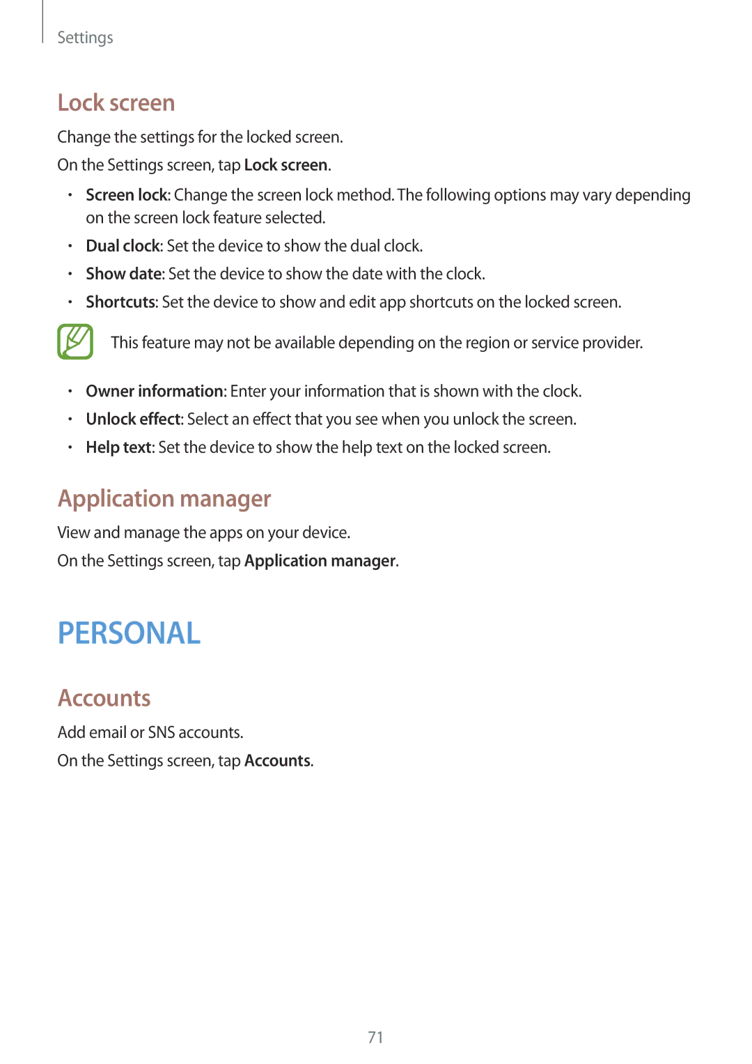 Samsung SM-T113NYKUXXV, SM-T113NDWUXXV manual Lock screen, Application manager, Accounts 