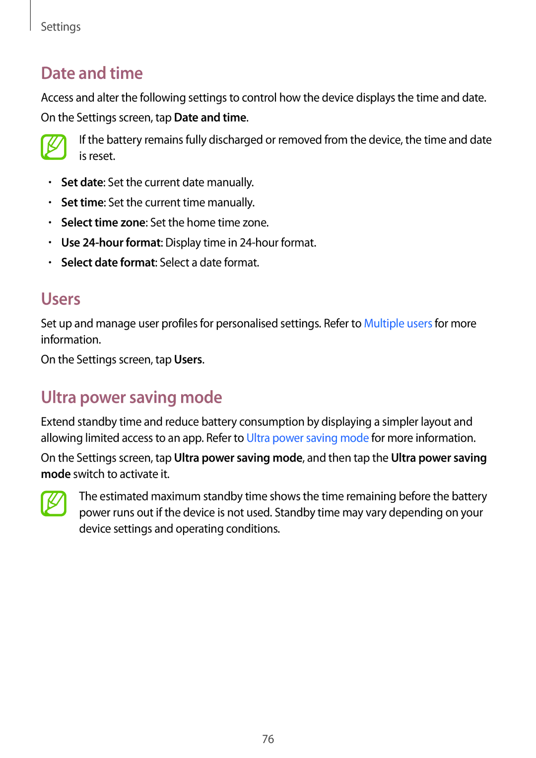 Samsung SM-T113NDWUXXV, SM-T113NYKUXXV manual Date and time, Users 