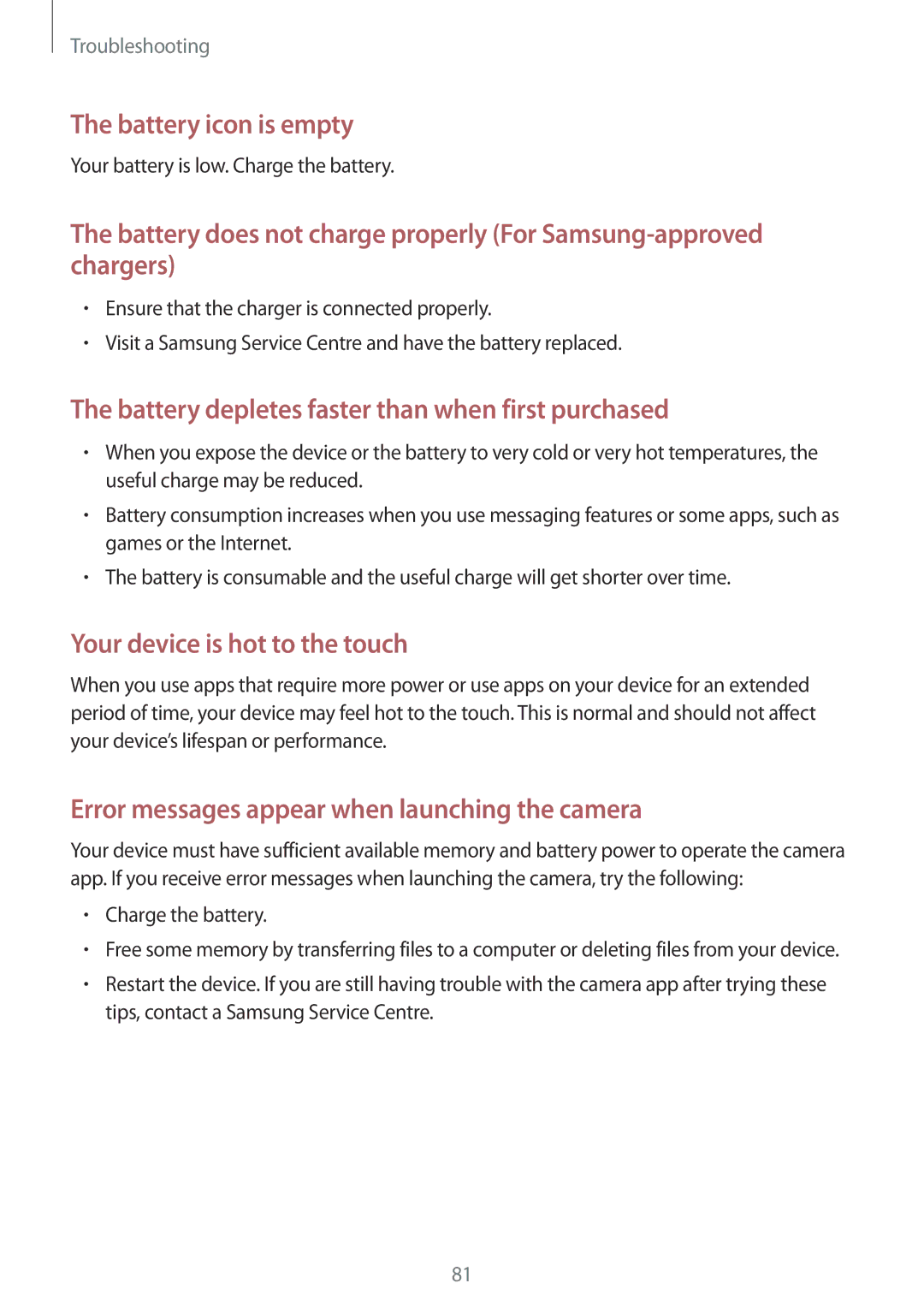 Samsung SM-T113NYKUXXV, SM-T113NDWUXXV manual Battery icon is empty 