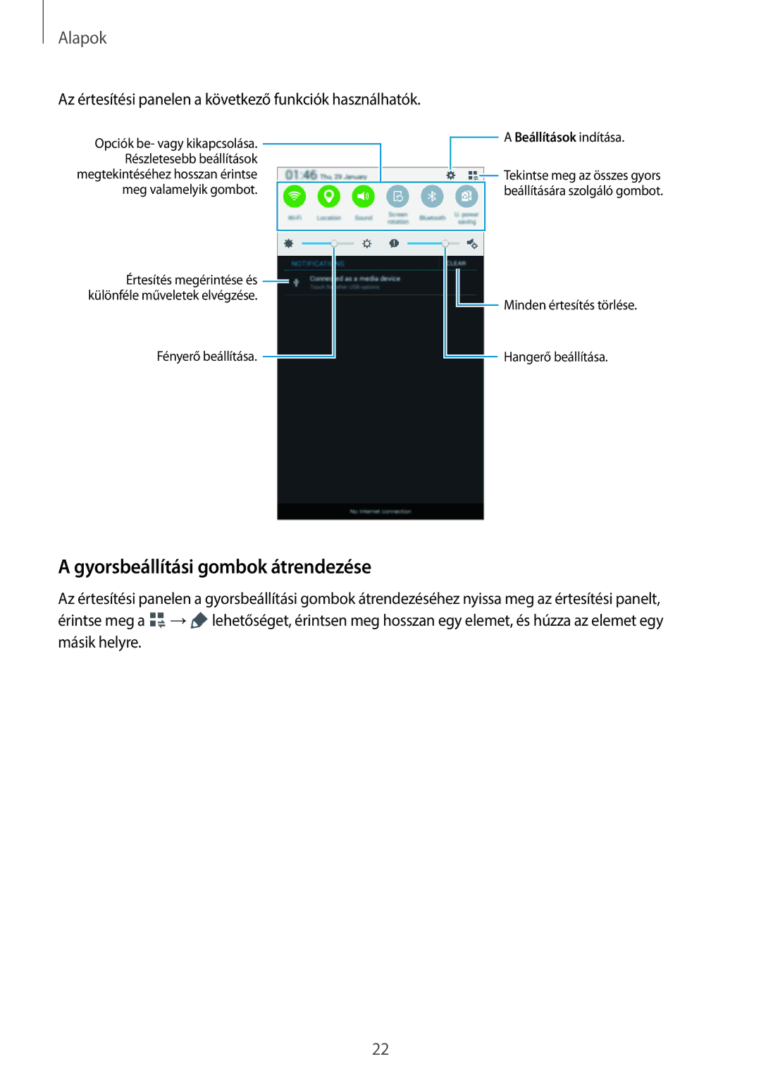 Samsung SM2T113NDWAXEH manual Gyorsbeállítási gombok átrendezése, Az értesítési panelen a következő funkciók használhatók 