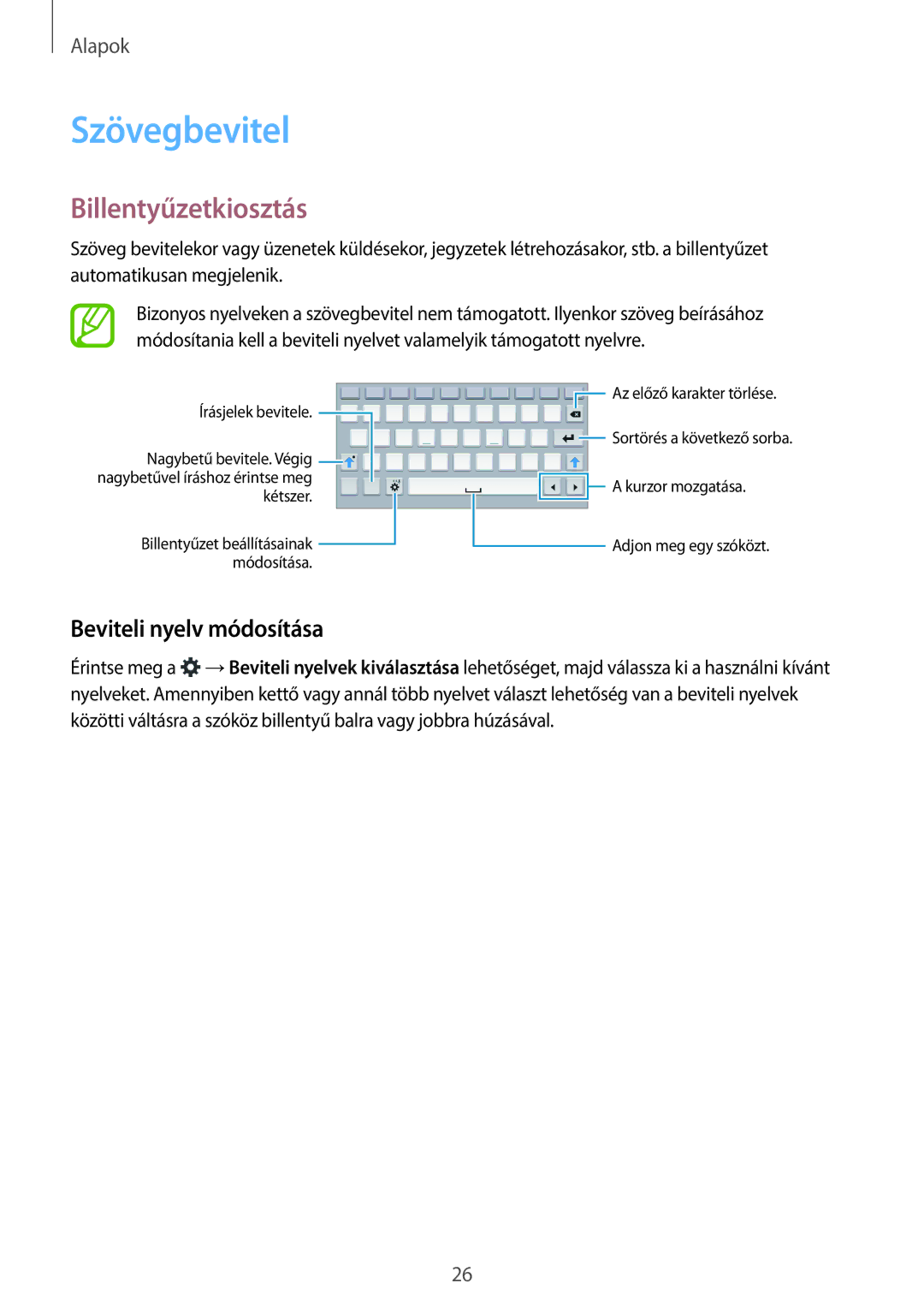 Samsung SM-T113NYKAATO, SM-T113NDWAATO, SM-T113NDWAEUR manual Szövegbevitel, Billentyűzetkiosztás, Beviteli nyelv módosítása 