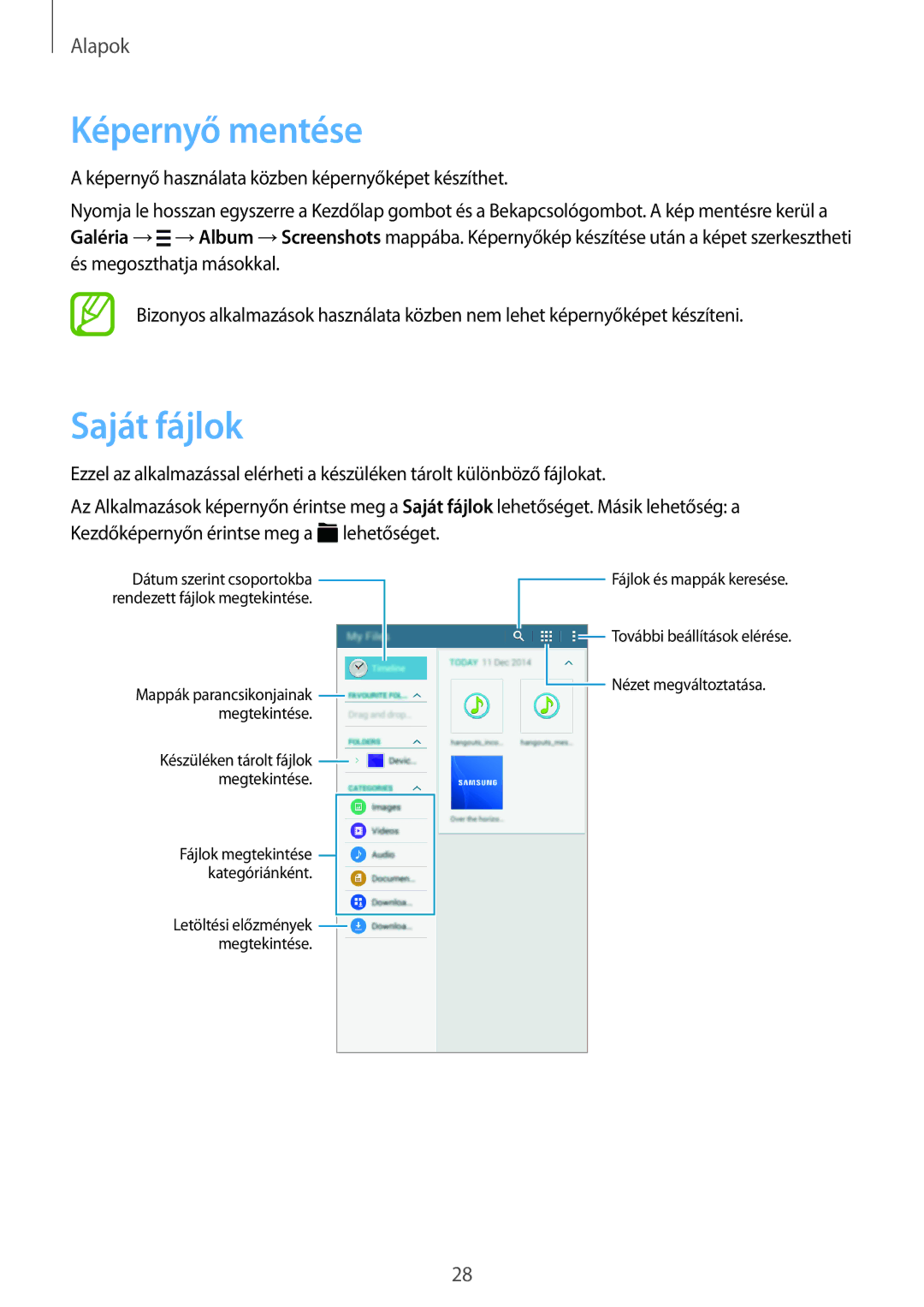 Samsung SM-T113NDWAEUR, SM-T113NYKAATO, SM-T113NDWAATO, SM2T113NYKAXEZ, SM-T113NDWAXEZ manual Képernyő mentése, Saját fájlok 