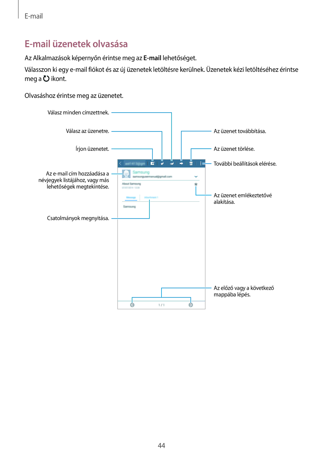 Samsung SM-T113NYKAXSK, SM-T113NYKAATO, SM-T113NDWAATO, SM-T113NDWAEUR manual Mail üzenetek olvasása, Az üzenet törlése 