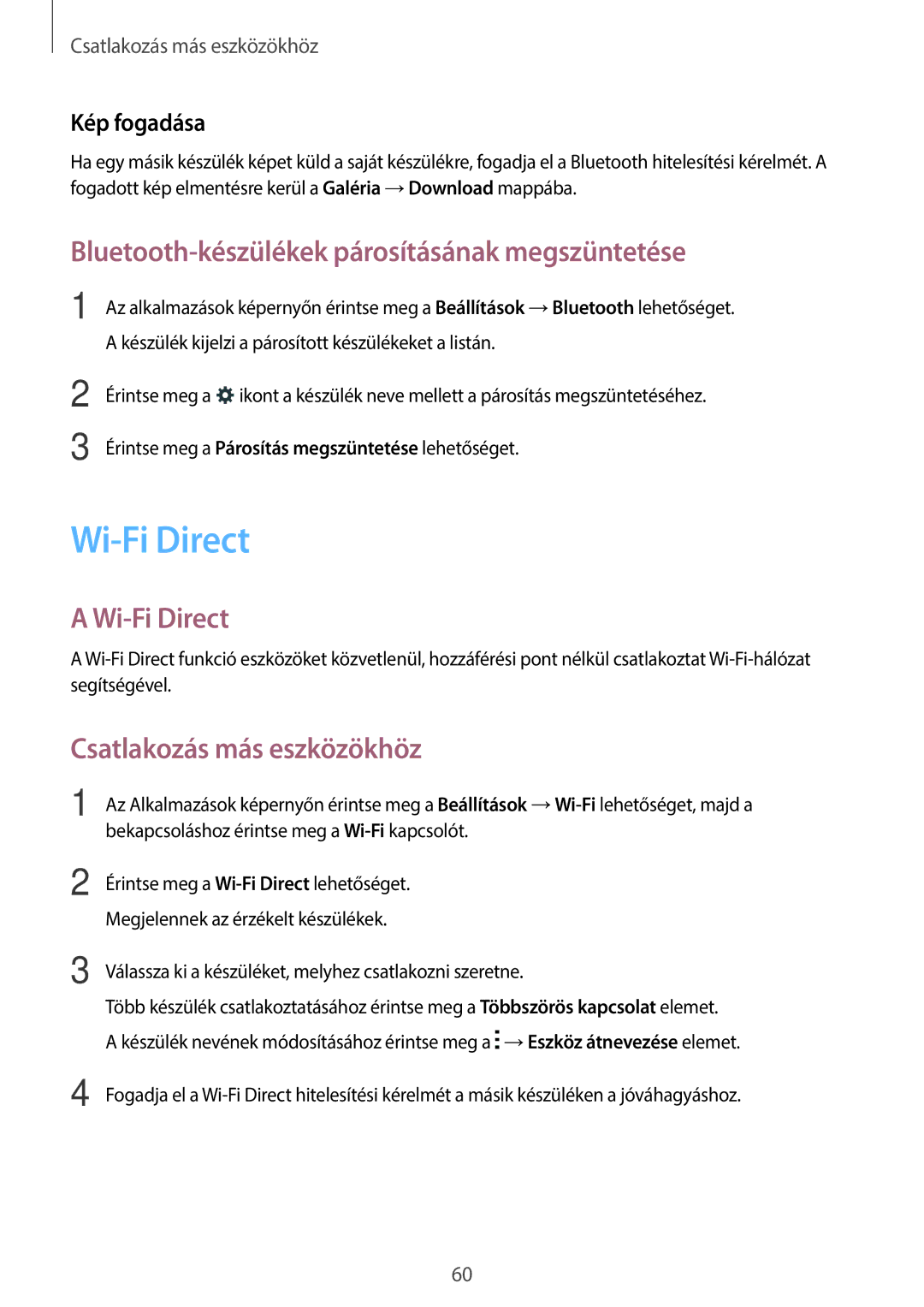 Samsung SM-T113NDWAXEH manual Wi-Fi Direct, Bluetooth-készülékek párosításának megszüntetése, Csatlakozás más eszközökhöz 