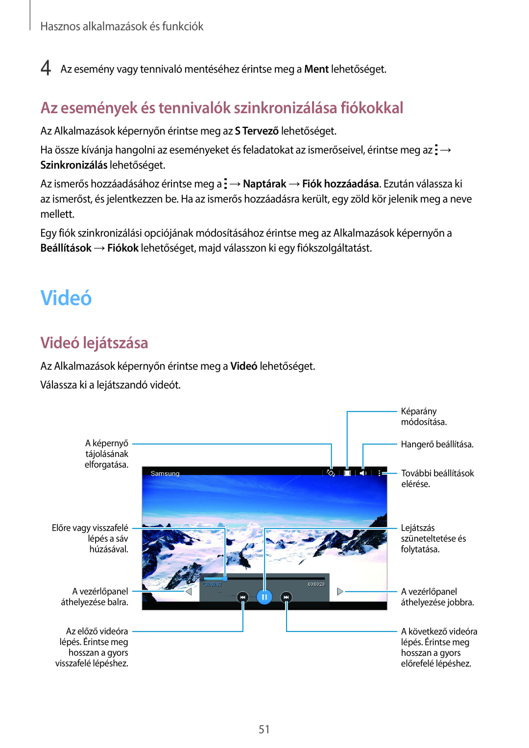 Samsung SM2T113NDWAXEZ, SM-T113NYKAATO manual Az események és tennivalók szinkronizálása fiókokkal, Videó lejátszása 
