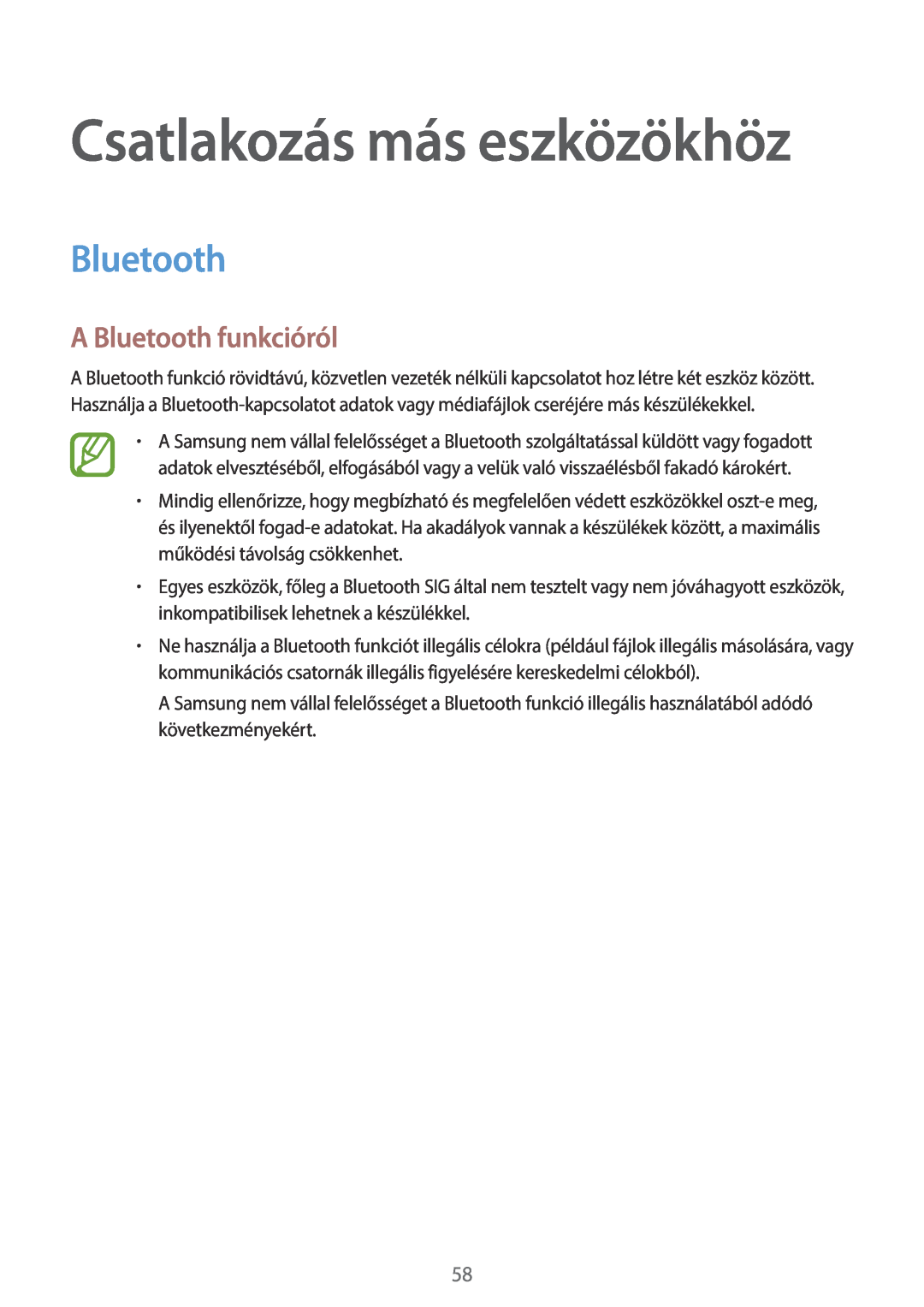 Samsung SM-T113NYKAXEH, SM-T113NYKAATO, SM-T113NDWAATO manual A Bluetooth funkcióról, Csatlakozás más eszközökhöz 