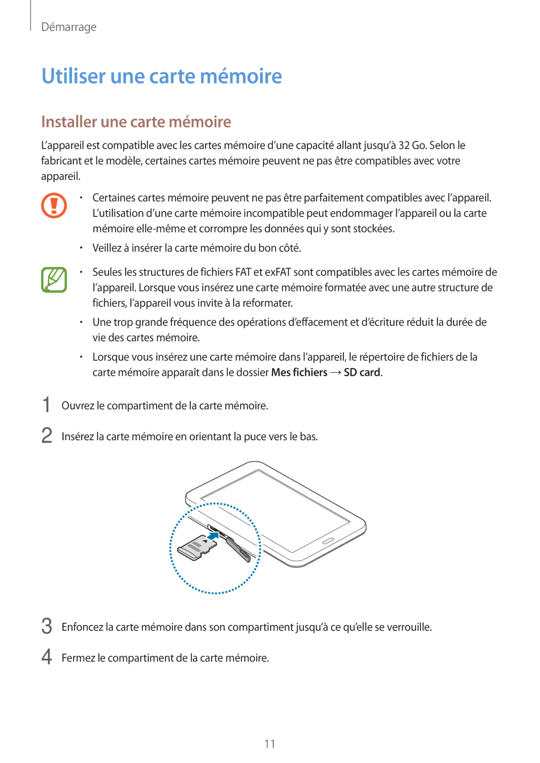 Samsung SM-T113NDWAXEF, SM-T113NYKAXEF manual Utiliser une carte mémoire, Installer une carte mémoire 