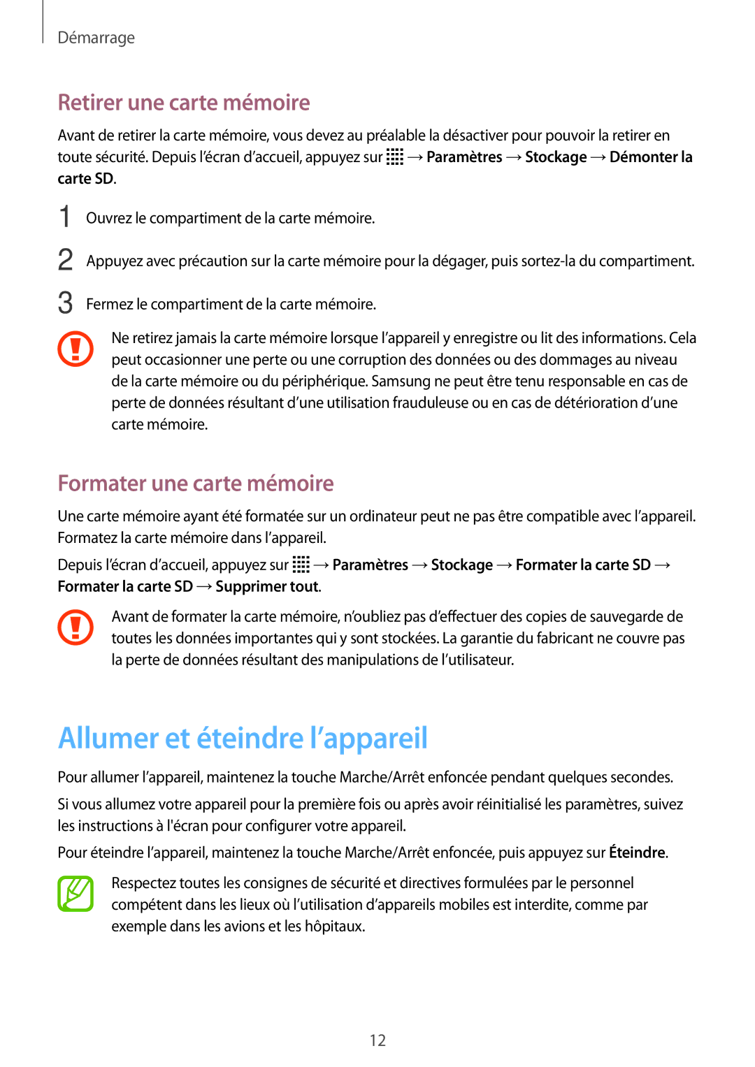 Samsung SM-T113NYKAXEF manual Allumer et éteindre l’appareil, Retirer une carte mémoire, Formater une carte mémoire 