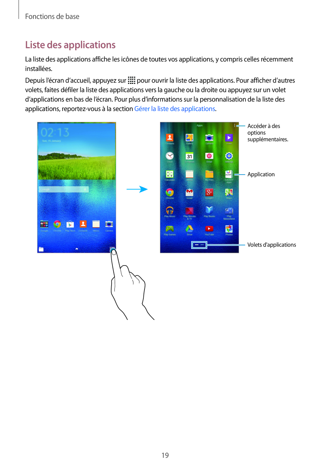 Samsung SM-T113NDWAXEF, SM-T113NYKAXEF manual Liste des applications 