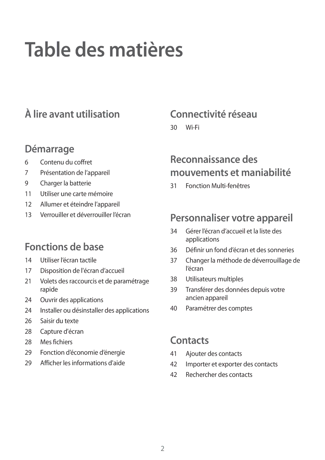 Samsung SM-T113NYKAXEF, SM-T113NDWAXEF manual Table des matières, Lire avant utilisation Démarrage 