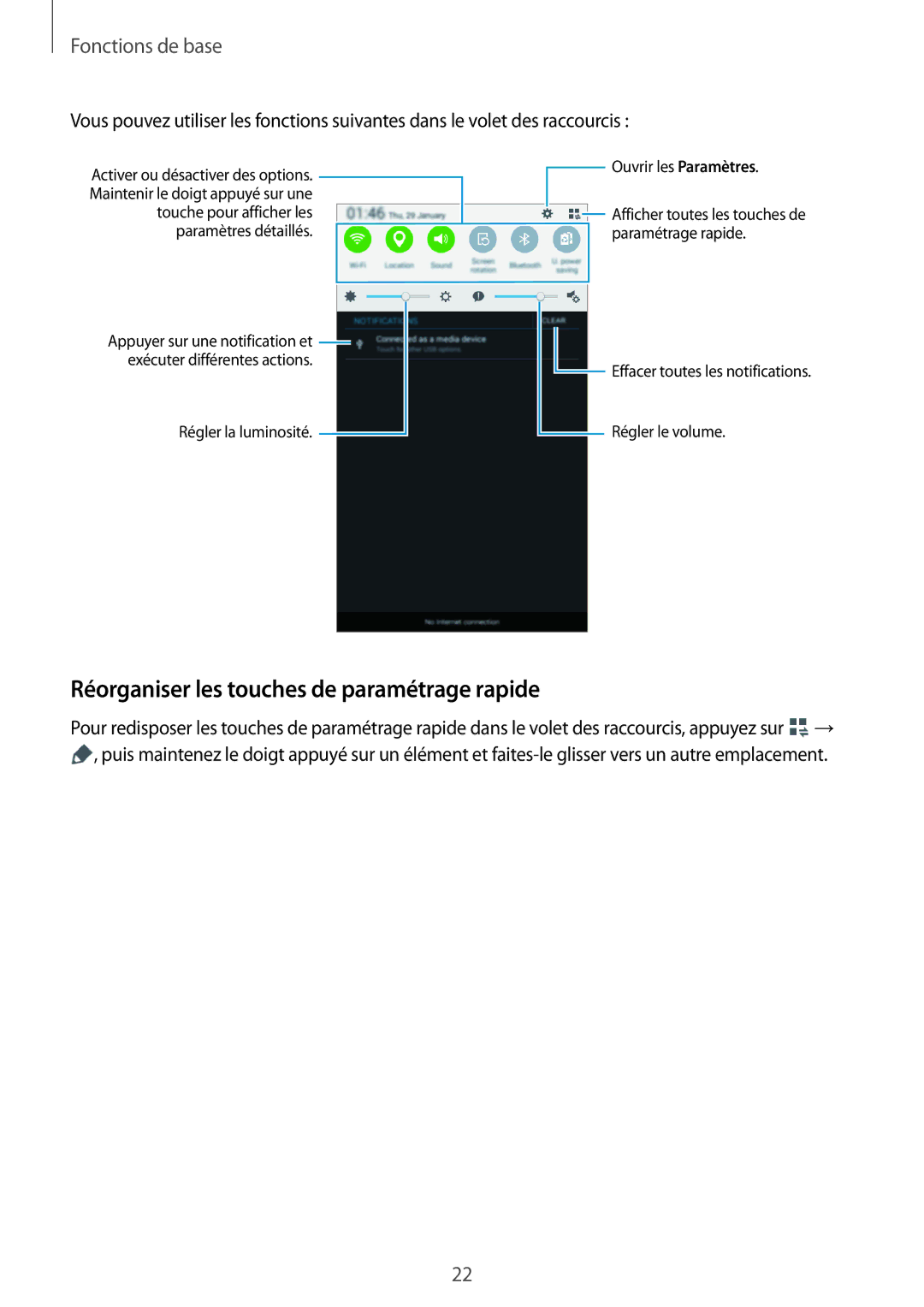 Samsung SM-T113NYKAXEF, SM-T113NDWAXEF manual Réorganiser les touches de paramétrage rapide 