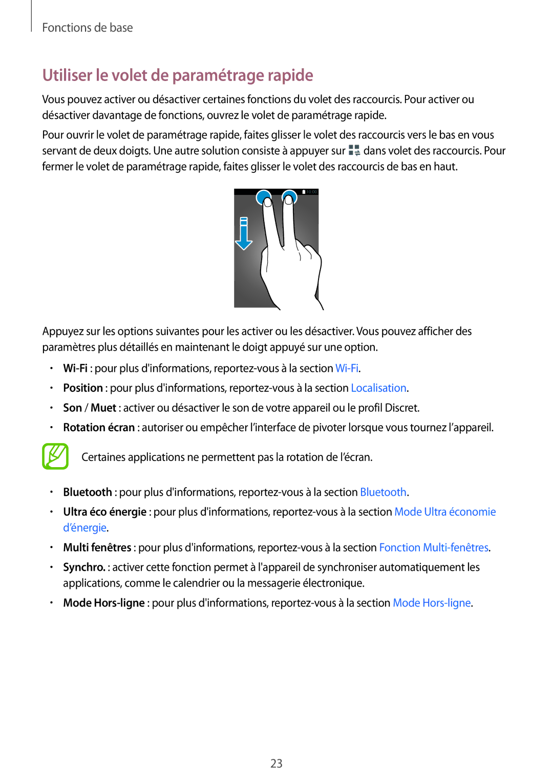 Samsung SM-T113NDWAXEF, SM-T113NYKAXEF manual Utiliser le volet de paramétrage rapide 