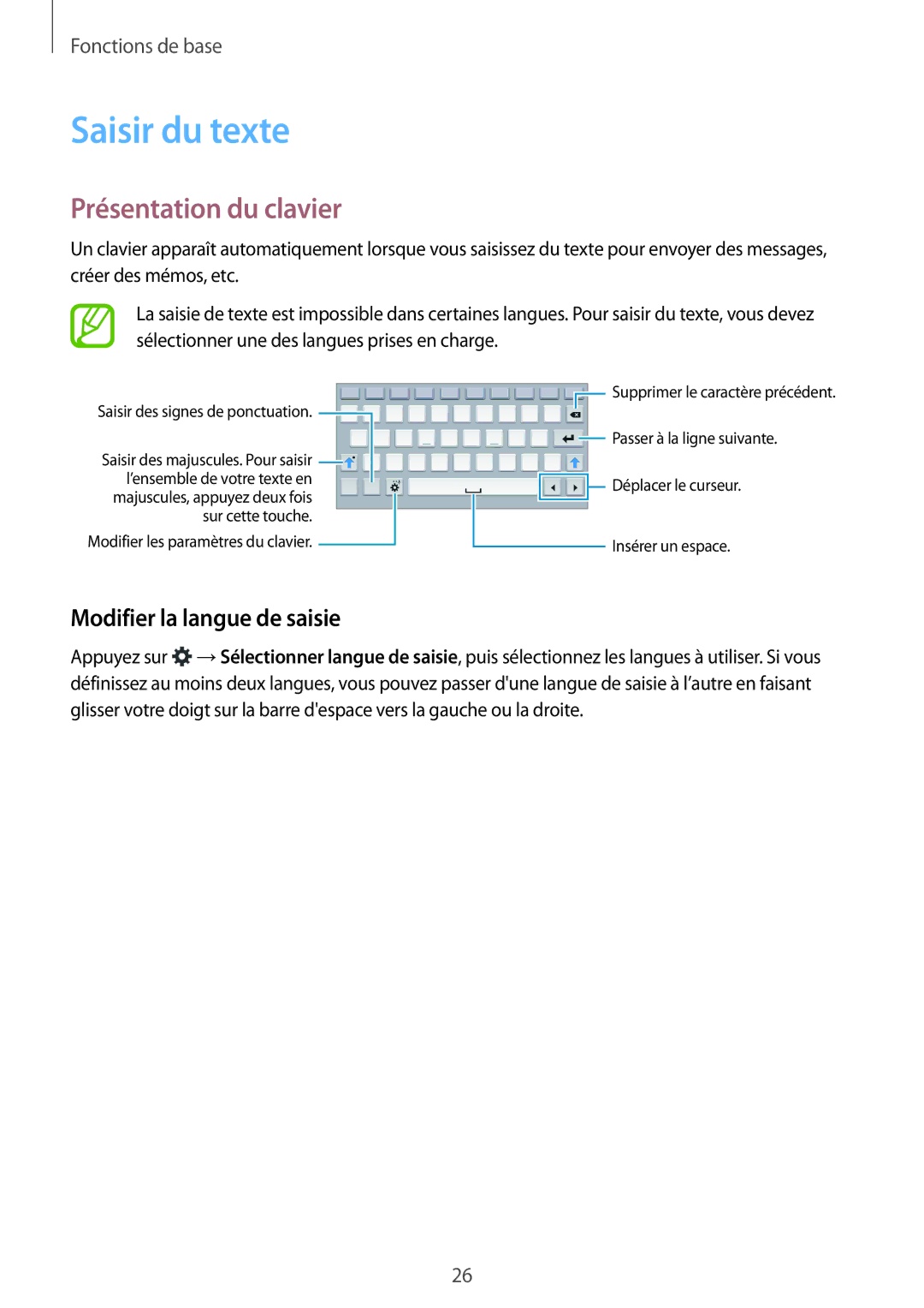 Samsung SM-T113NYKAXEF, SM-T113NDWAXEF manual Saisir du texte, Présentation du clavier, Modifier la langue de saisie 