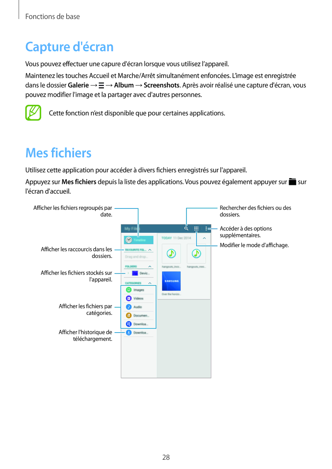 Samsung SM-T113NYKAXEF, SM-T113NDWAXEF manual Capture décran, Mes fichiers 