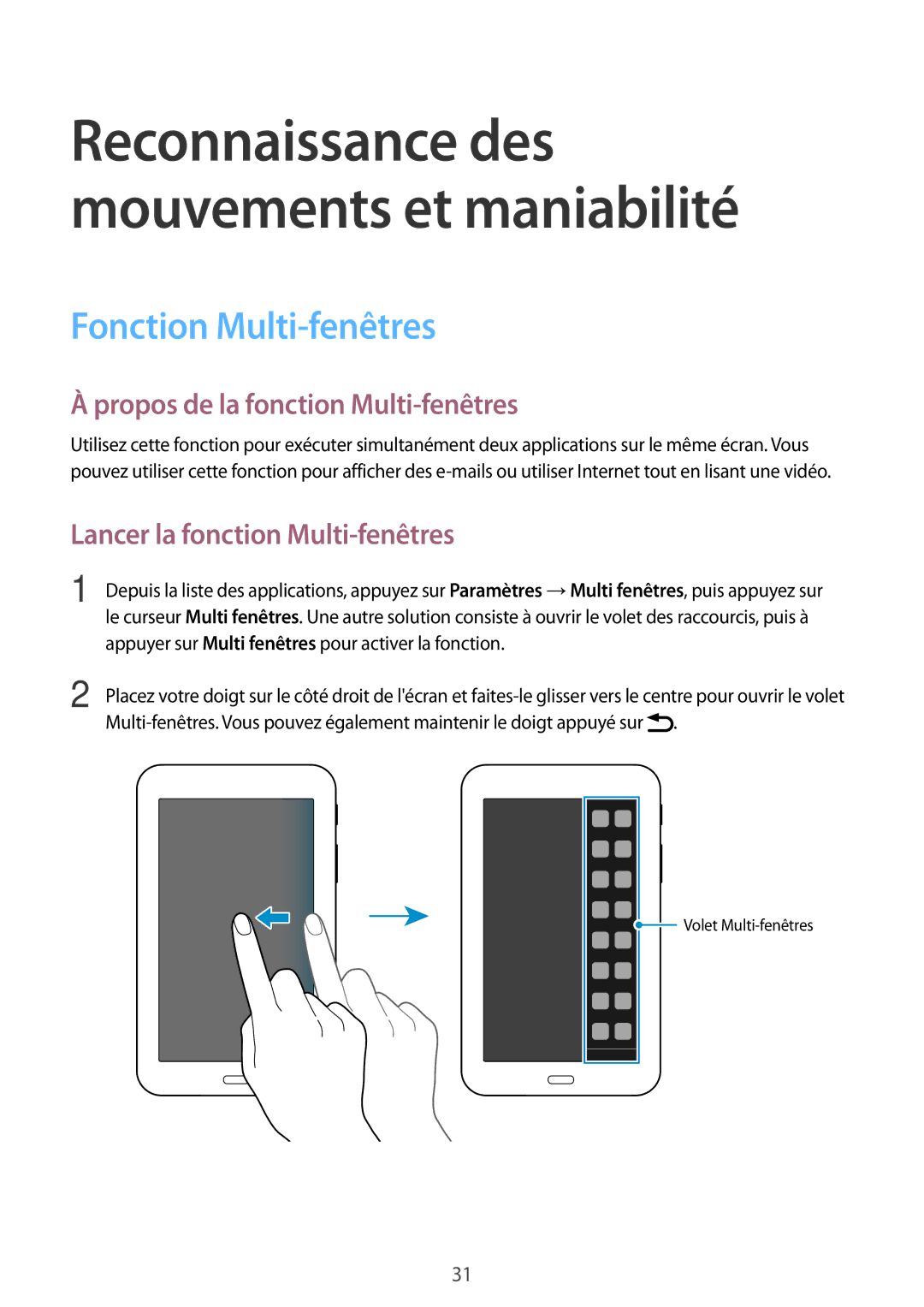 Samsung SM-T113NDWAXEF Fonction Multi-fenêtres, Propos de la fonction Multi-fenêtres, Lancer la fonction Multi-fenêtres 