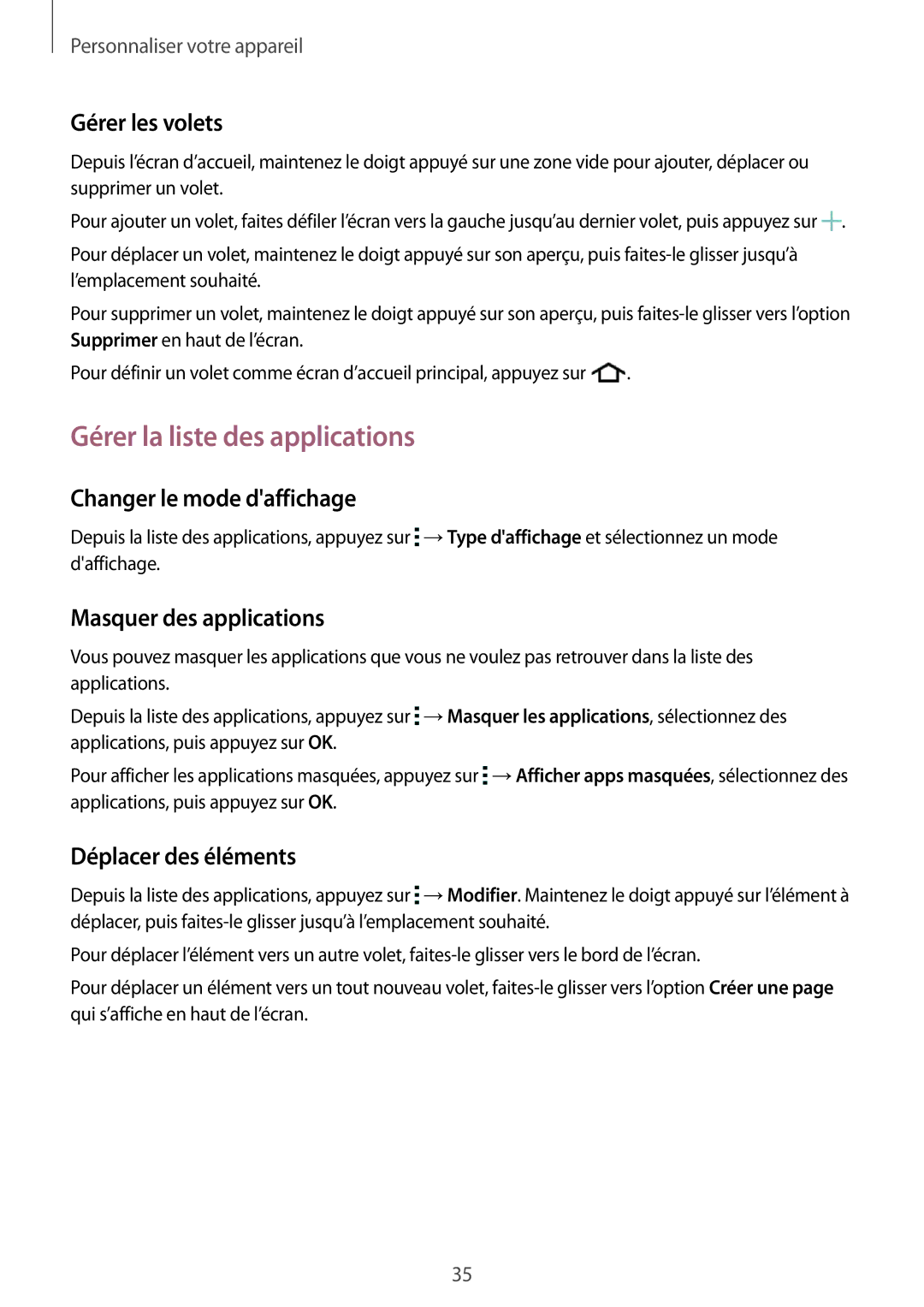 Samsung SM-T113NDWAXEF, SM-T113NYKAXEF manual Gérer la liste des applications, Gérer les volets, Changer le mode daffichage 