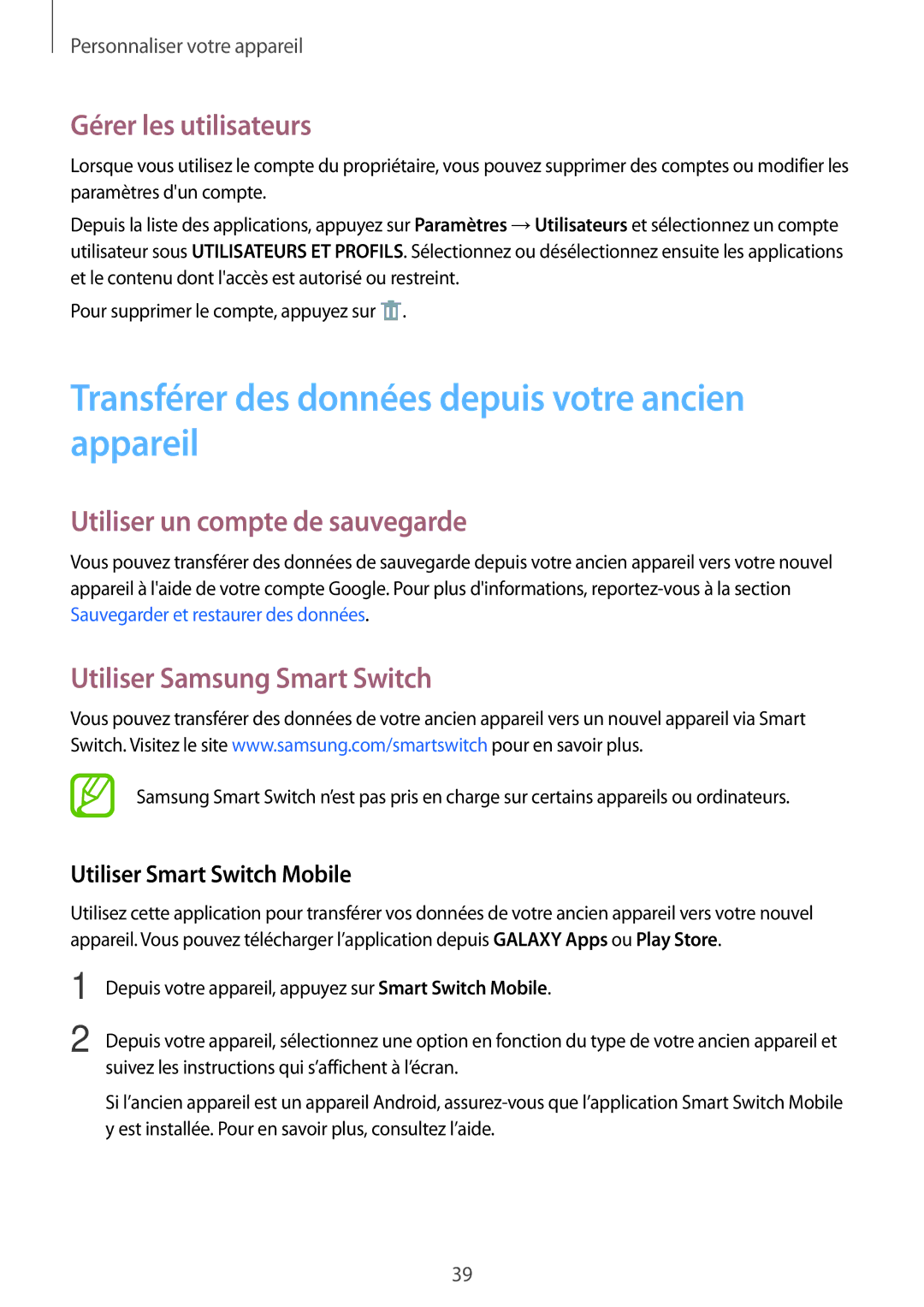 Samsung SM-T113NDWAXEF, SM-T113NYKAXEF manual Transférer des données depuis votre ancien appareil, Gérer les utilisateurs 